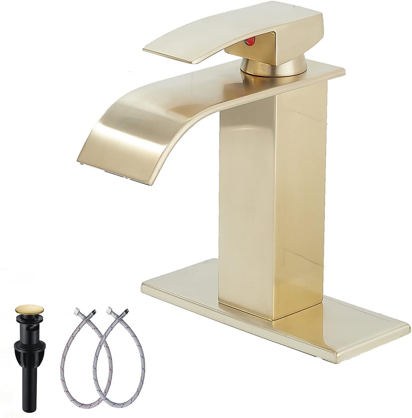 Brushed Gold Bathroom Faucet - GGStudy Single Handle Waterfall Bathroom Sink Faucet, Deck Mount One Hole Vanity Faucet with Pop Up Drain - Perfect for Modern Bathroom & Powder Room Renovation