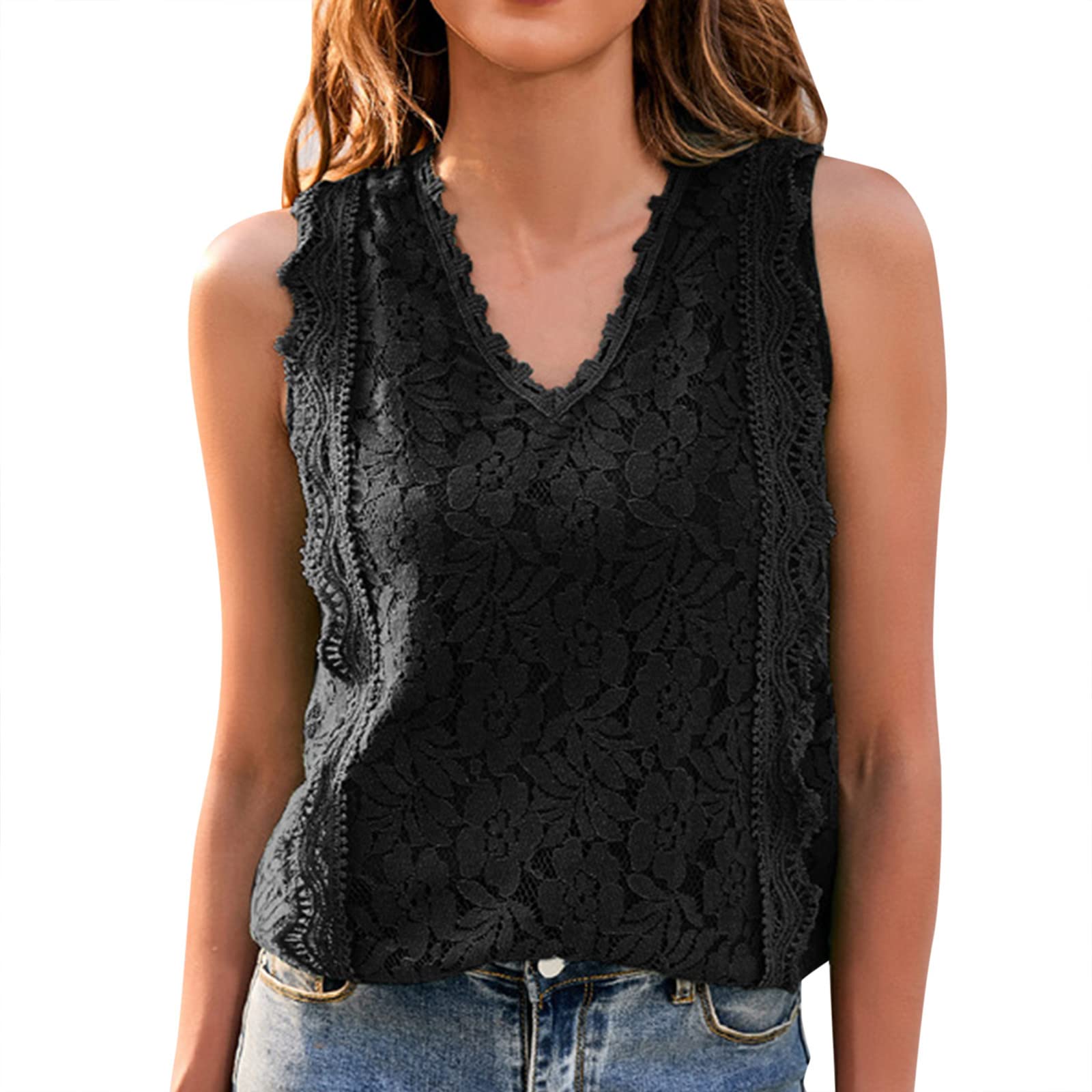Women's Lace V-Neck Tunic Tank Top - Sleeveless Casual Blouse for Summer, Beach, Concerts & Night Out | Flowy Lace Shirt for Women