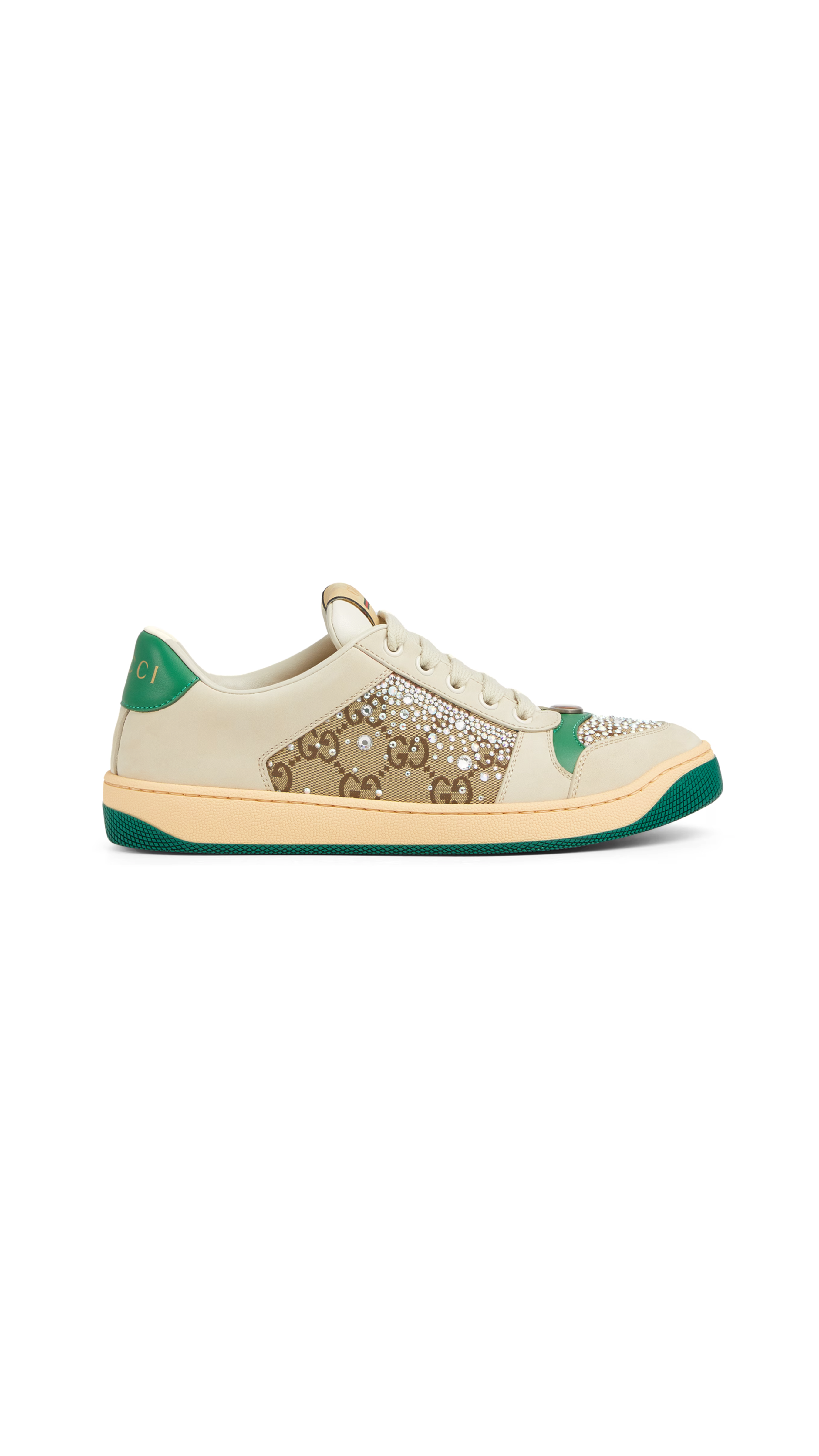 Crystal Screener Sneakers for Women - Beige & Green Comfortable Slip-On Shoes | Casual Walking, Running, Gym Workouts & Everyday Wear