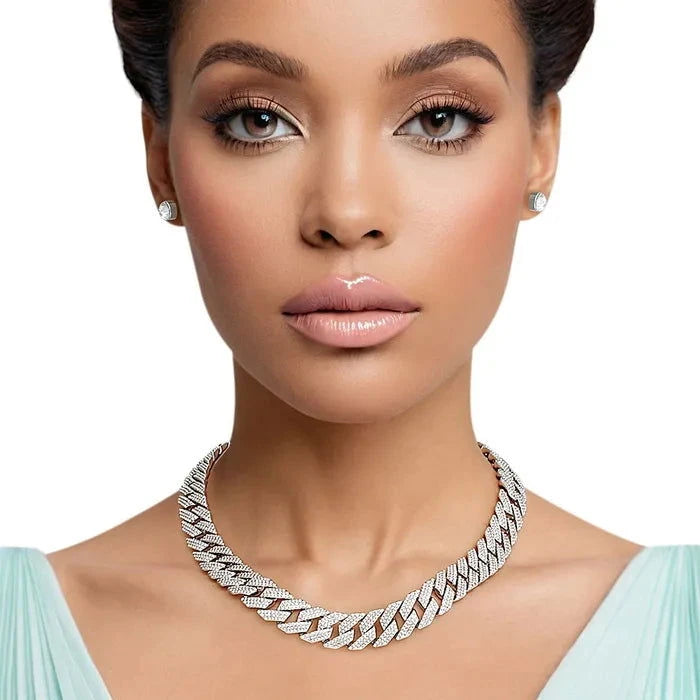 18K Gold Plated Silver Iced Cuban Chain Necklace Set for Women - Elegant Layered Jewelry for Party, Wedding & Everyday Wear