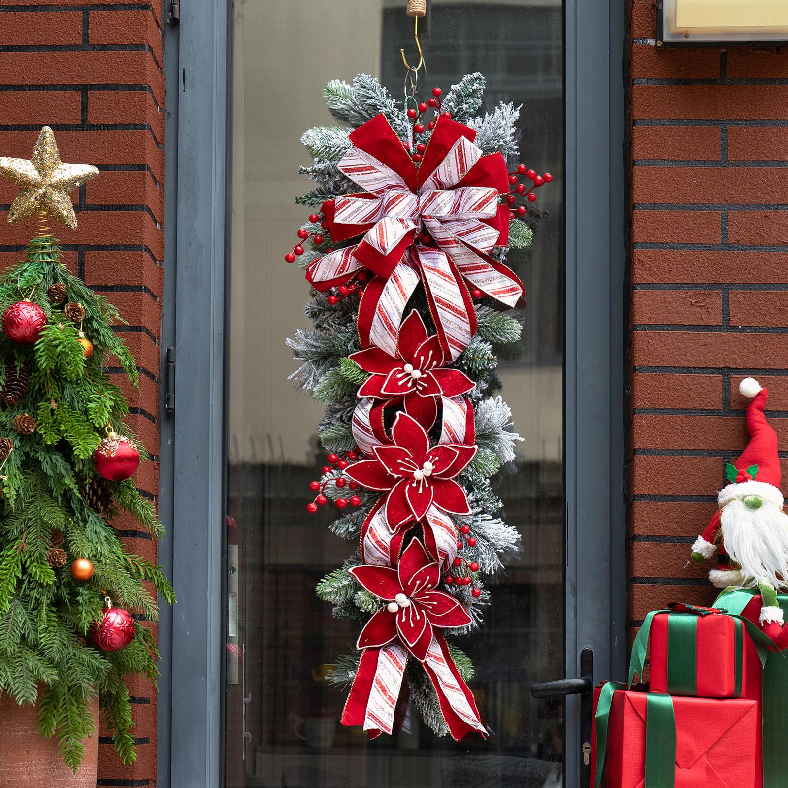 36 Inch Pre-Lit Christmas Teardrop Swag with Red Velvet Glitter Ribbon & Berries - Winter Holiday Wreath for Front Door, Wall, Window, Fireplace & Mailbox Decor - Perfect for Indoor & Outdoor Holiday Decorating