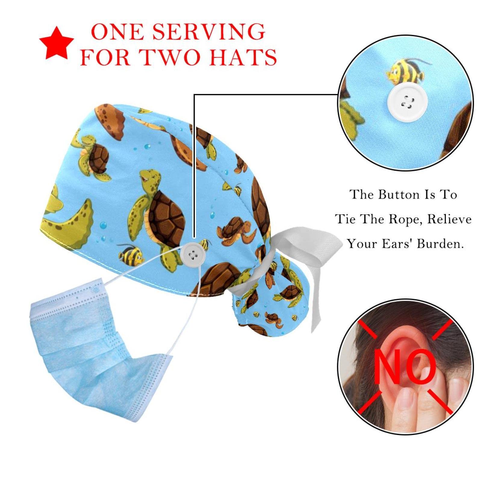 Premium Unisex Mermaid Scrub Hats for Women & Men - 2 Pack Long Hair Working Caps with Button Closure & Sweatband - Ideal for Nurses, Doctors, Chefs & Healthcare Professionals