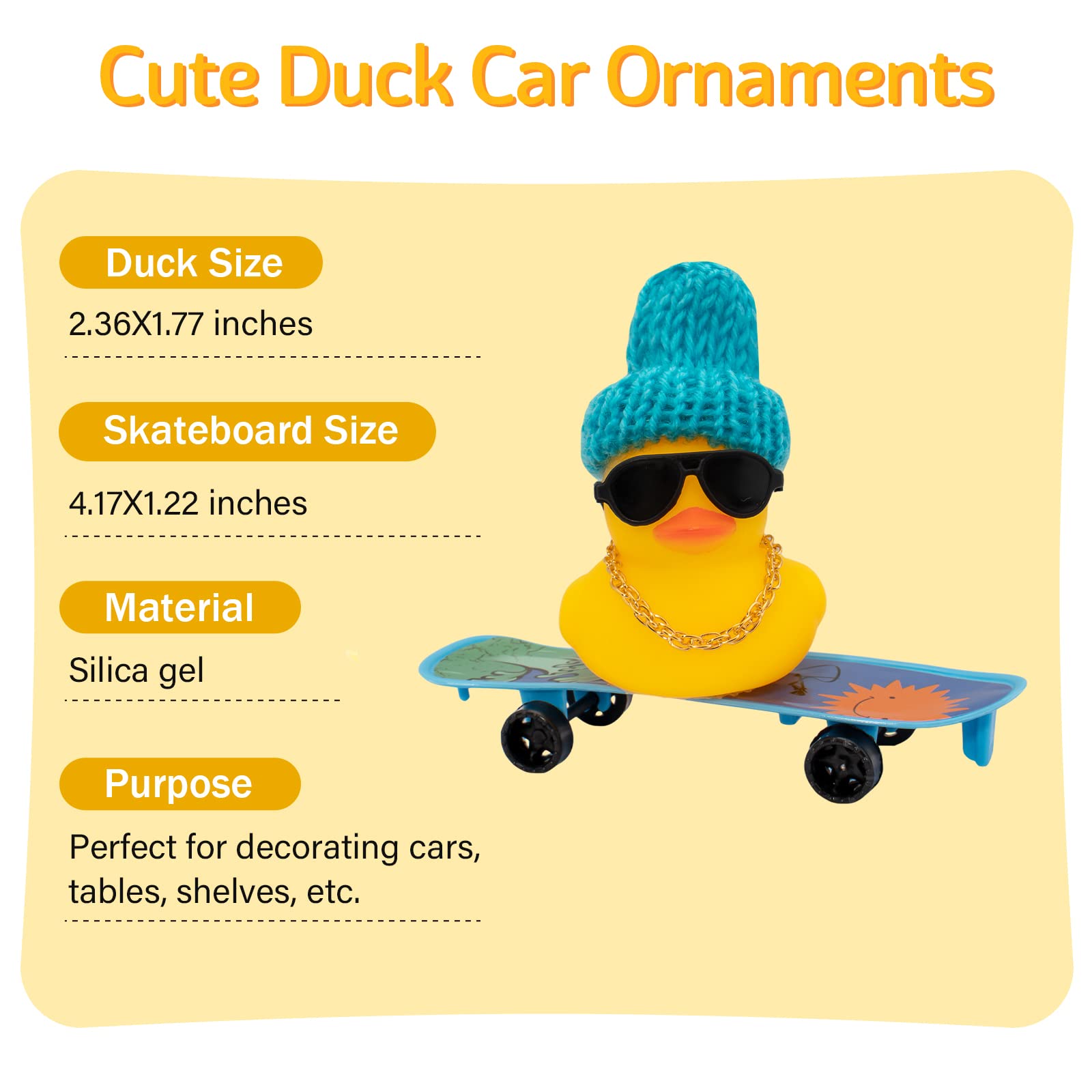 Wonuu Rubber Duck Car Dashboard Ornament - Cute Decorative Accessory with Mini Hat, Necklace, Sunglasses, Chair & Skateboard - Perfect for Car Interior Decor, Gifts & Fun Office Desk Accessories