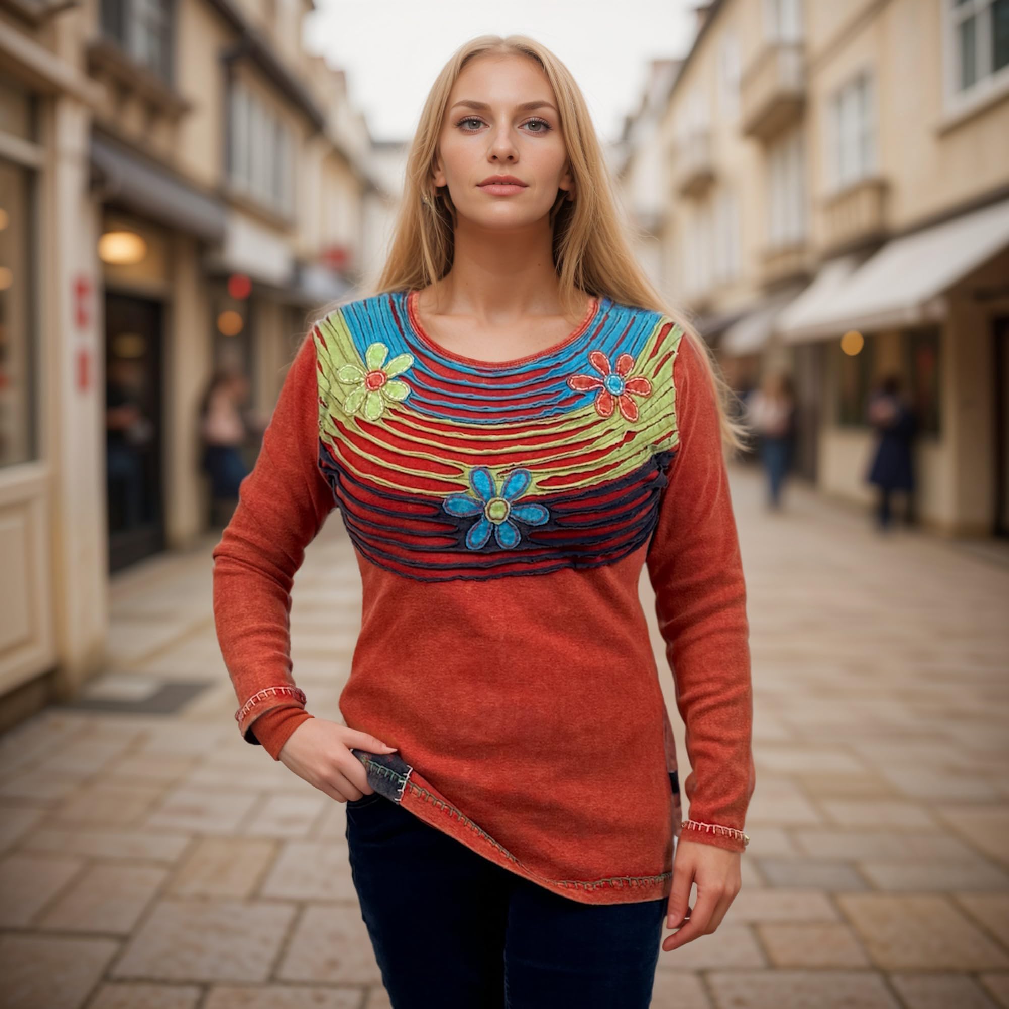 2025 Spring Gypsy Boho Rib Knit Distressed Stonewashed Women's Long Sleeve Sweatshirt - Razor Cut Blouse for Casual Outfits & Festival Wear | Agan Traders