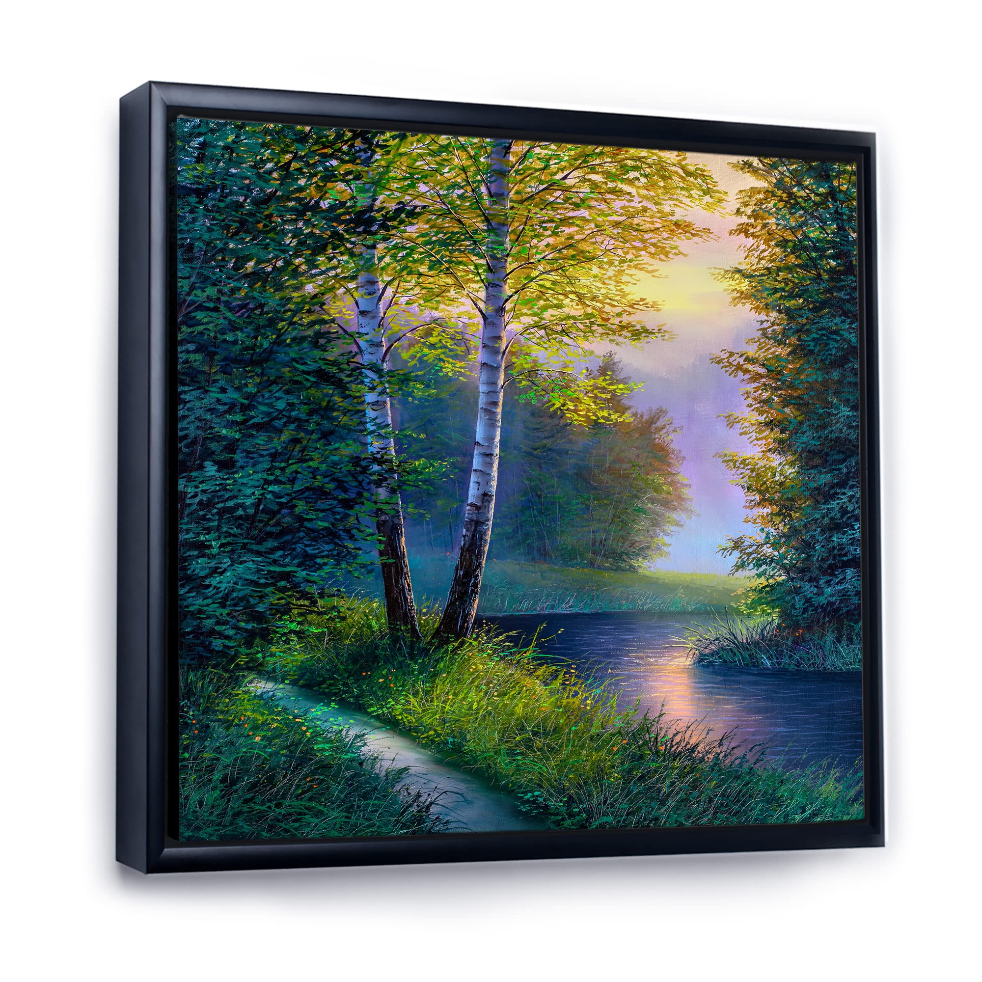 DesignQ Morning Sunlight Through Birch Forest - Lake House Framed Canvas Wall Art Print for Living Room, Bedroom & Office Decor