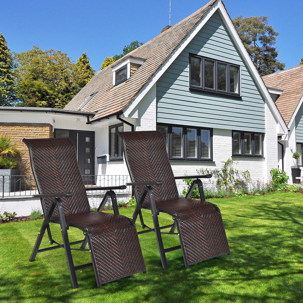 Tangkula 2-Pack Foldable Rattan Recliner Chairs - Adjustable Outdoor Lounge Chairs with Wide Armrests & Sturdy Steel Frame - Perfect for Patio, Garden, Beach, Poolside Relaxation & Backyard Lounging