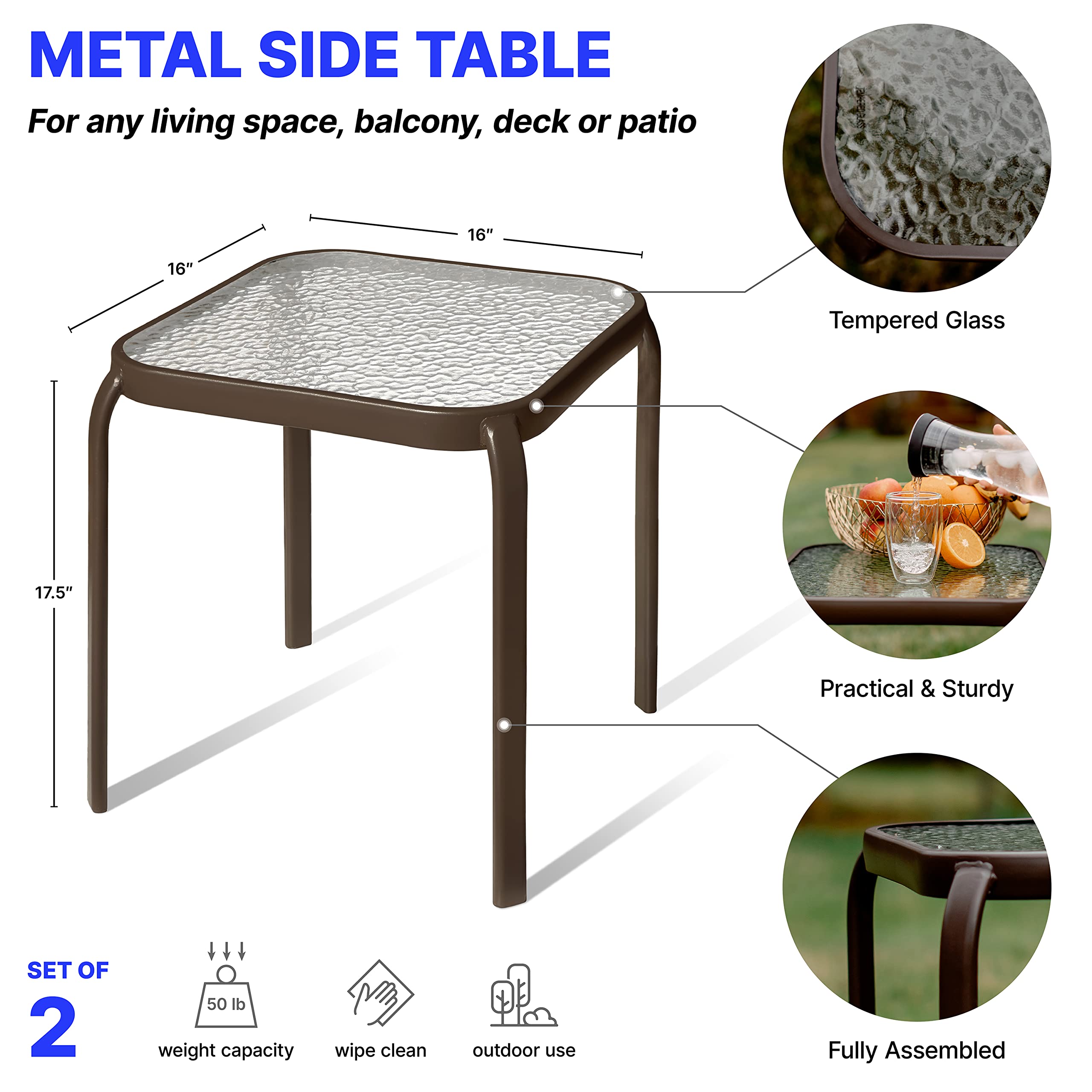 Bronze Metal Outdoor Side Table with Tempered Glass Top - Set of 2 Small 16