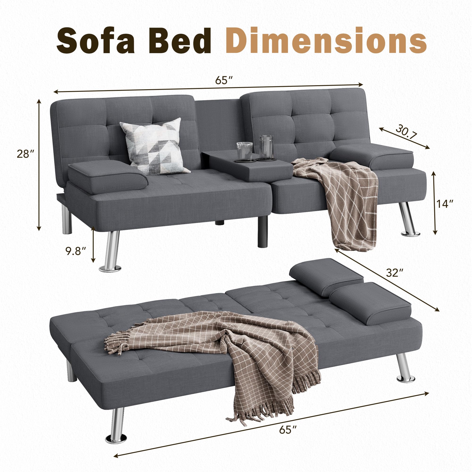 Modern Linen Upholstered Convertible Folding Futon Sofa Bed - Removable Armrests & Metal Legs with 2 Cup Holders - Dark Grey for Living Room, Guest Room & Small Spaces - Perfect for Apartments, Dorms & Home Offices