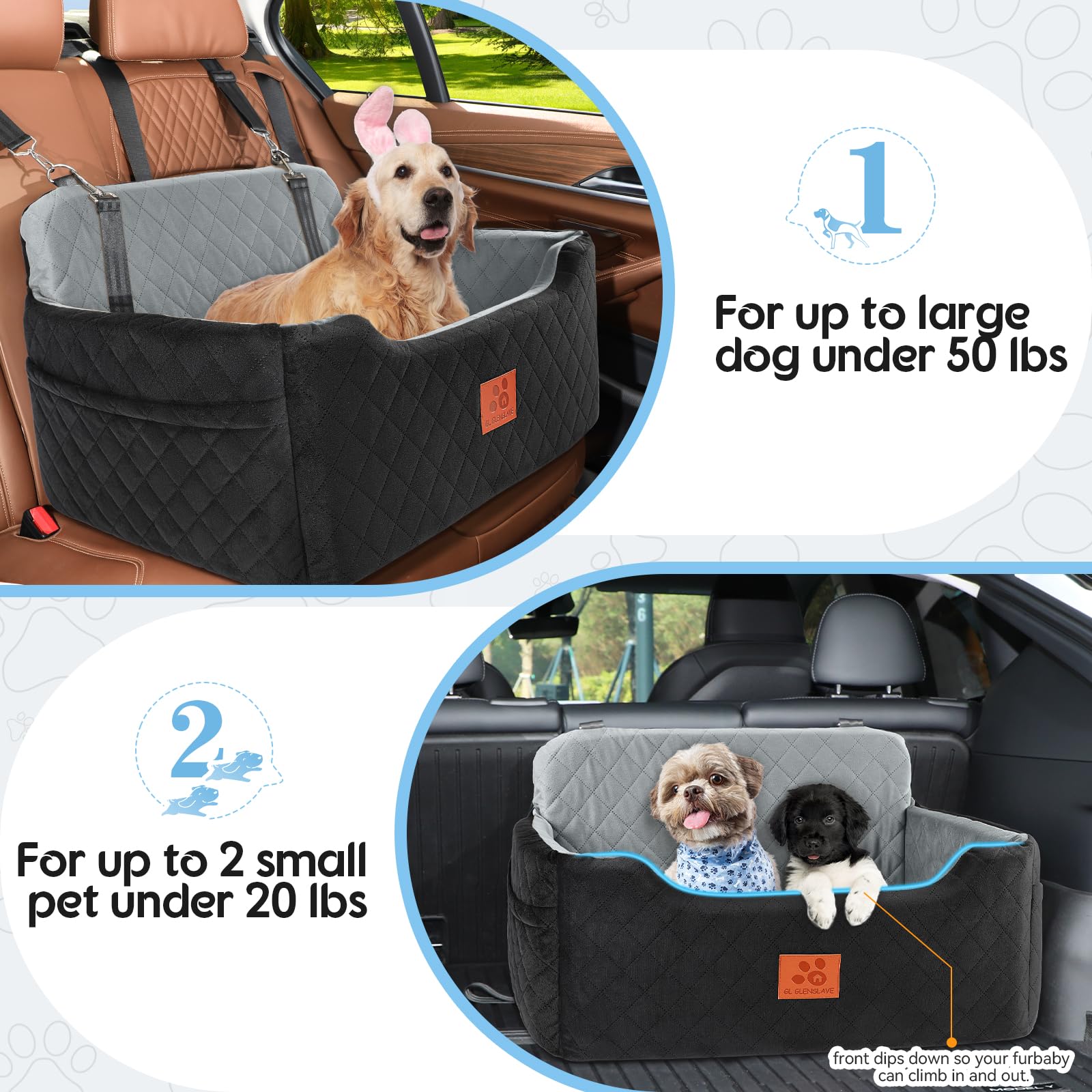 **Waterproof Dog Car Seat for Medium & Large Dogs - Detachable & Washable Pet Booster Seat for Travel, Holds Up to 50lbs or 2 Small Dogs - Multi-Functional Dog Bed & Sofa (Black/Grey) - Perfect for Road Trips & Indoor Lounging**