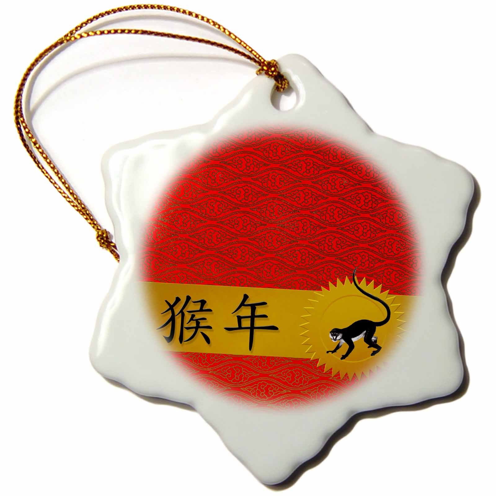 3D Chinese Zodiac Year of The Monkey Porcelain Ornament - Traditional Red, Gold & Black Snowflake Design, 3-Inch - Perfect for Christmas Tree Decor, Holiday Gifts & Asian-Themed Home Décor