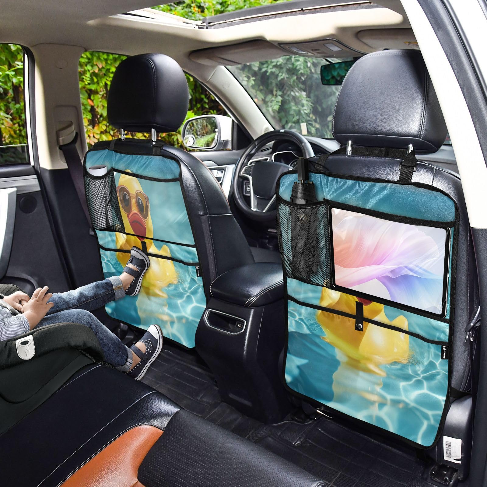 Stylish Rubber Duck with Sunglasses Car Seat Protector - Waterproof Back Seat Organizer with Storage Pockets, Anti-Slip Kick Mats for Kids - Perfect for Family Road Trips & Child Safety