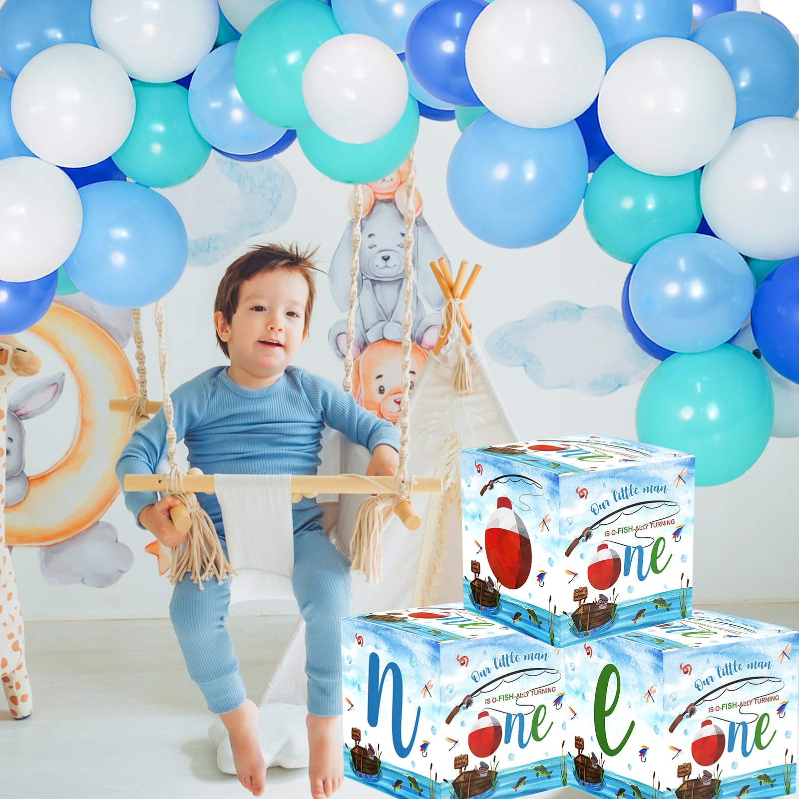 Gone Fishing First Birthday Decorations for Boys - Blue & White Balloon Arch Kit with Latex & Foil Balloons - Fishing Themed Party Supplies for Outdoor, Underwater or Nautical Birthday Celebrations
