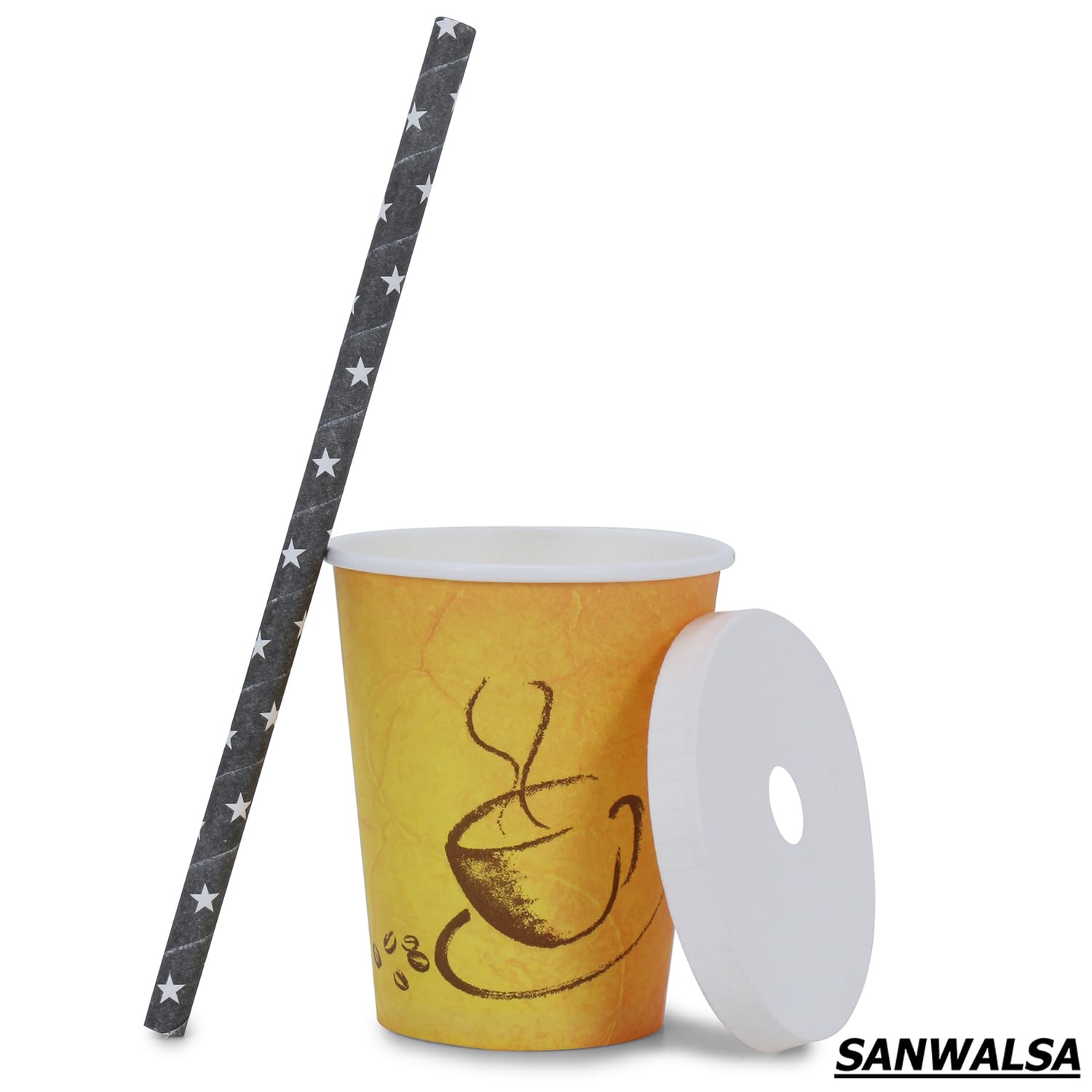 SANWALSA 8 oz (250 ml) Disposable Paper Cups with Lids & Multicolor Straws - Pack of 25, 100% Biodegradable & Eco-Friendly - Perfect for Juice, Coffee, Tea at Home, Office, Parties & Events