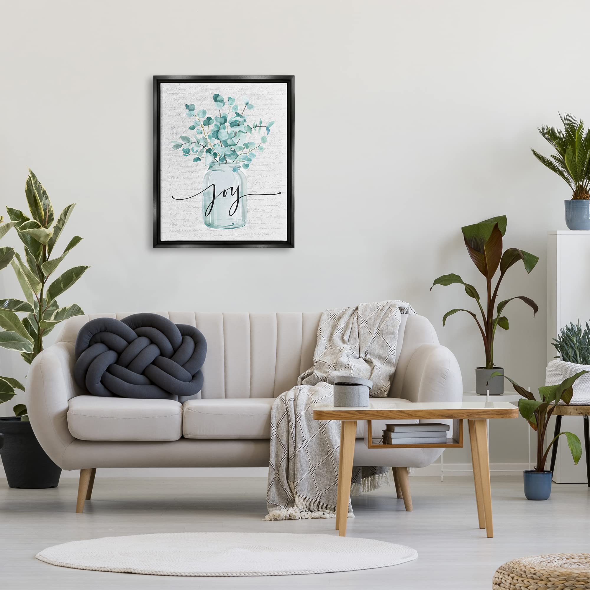 Stupell Industries Aqua Blue Plant Leaves in Jar Joy Text Wall Art - 12x12 Inch Floater Frame Home Decor - Botanical Print for Living Room, Bedroom & Office