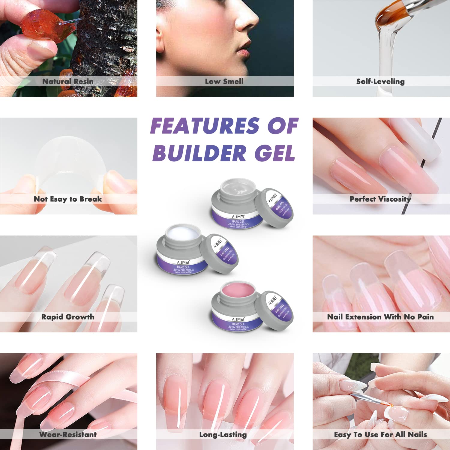 AIJIMEI Professional Hard Gel Builder Kit - Soak Off UV LED Nail Extension Gel for Strong & Long-Lasting Manicures - Perfect for Salon & Home DIY Nail Art (Set A)