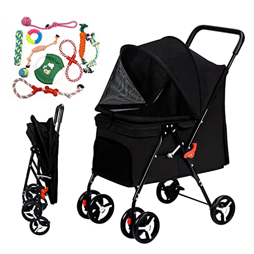 4 Wheel Foldable Pet Stroller for Small Dogs & Cats - Travel Stroller with Removable Liner & Pet Toys (Black) - Perfect for Park Walks, Vet Visits & Outdoor Adventures