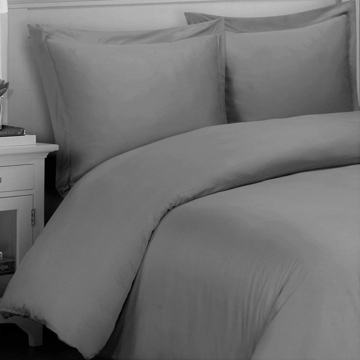 Sheetsnthings 8-Piece King Size Bed in a Bag Set - Hybrid Bamboo-Cotton Blend Sheets & Duvet Cover in Solid Grey + All Season White Down Alternative Comforter | Soft Luxury Bedding for Master Bedroom, Guest Room & Dorm | Machine Washable & Wrinkle Resistant