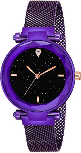 TIMESPACE TS-4025 Luxury Women's Quartz Watch - Black Dial with Purple Magnetic Strap, Slim Minimalist Design for Girls & Teens | Perfect for School, Office, Date Night & Everyday Wear