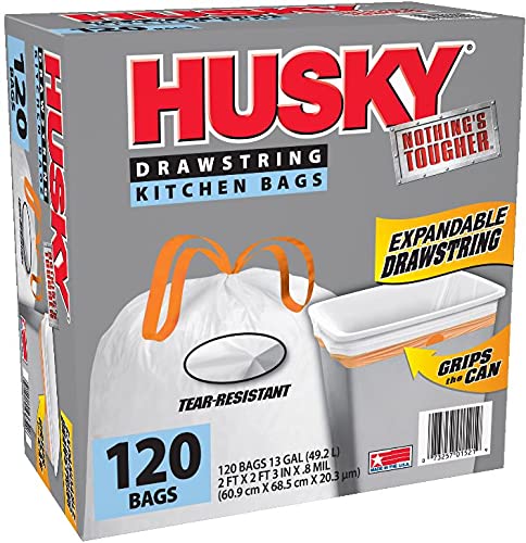 Husky Tall Kitchen Trash Bags 13 Gallon - 120 Count Expandable Drawstring Garbage Bags (1 Pack) for Home, Office & Outdoor Use