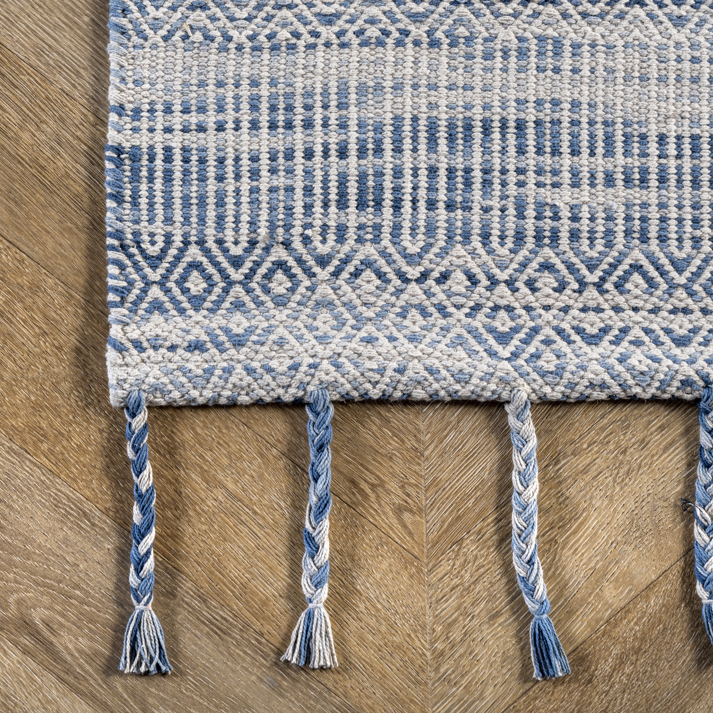 Blue Diamond Chevron Bands Tasseled Rug - Boho Chic Area Rug for Living Room, Bedroom & Nursery Decor