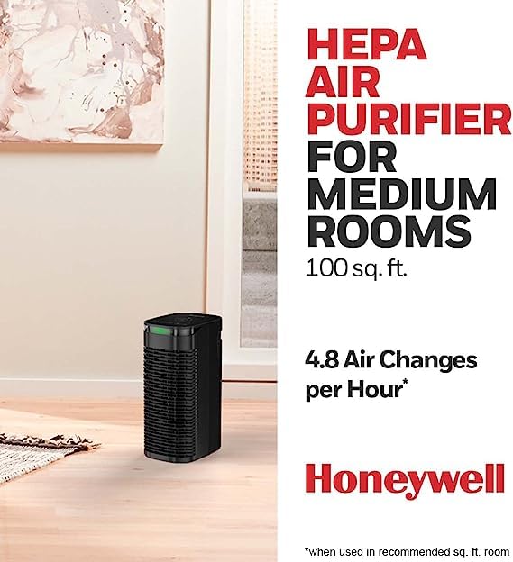 Honeywell InSight HEPA Air Purifier for Medium Rooms up to 100 sq ft - Removes Wildfire Smoke, Pollen, Pet Dander & Dust - with Air Quality Sensor & Auto Mode - Black (HPA080) - Perfect for Bedrooms, Offices and Allergy Relief