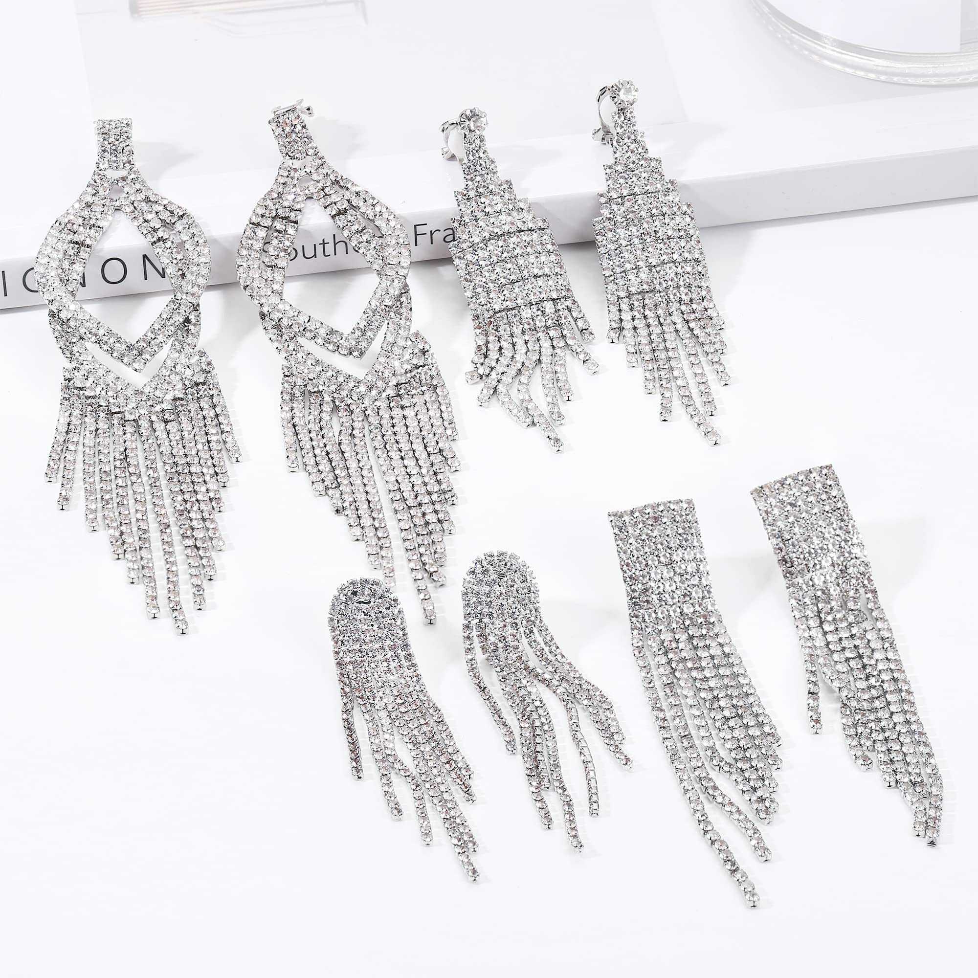 JeryWe 4 Pairs Non-Pierced Clip On Earrings for Women - Rhinestone Crystal Chandelier Drop Dangle Earrings Set in Silver Teardrop & Long Tassel Design - Perfect for Prom, Bridal, Wedding & Special Occasions