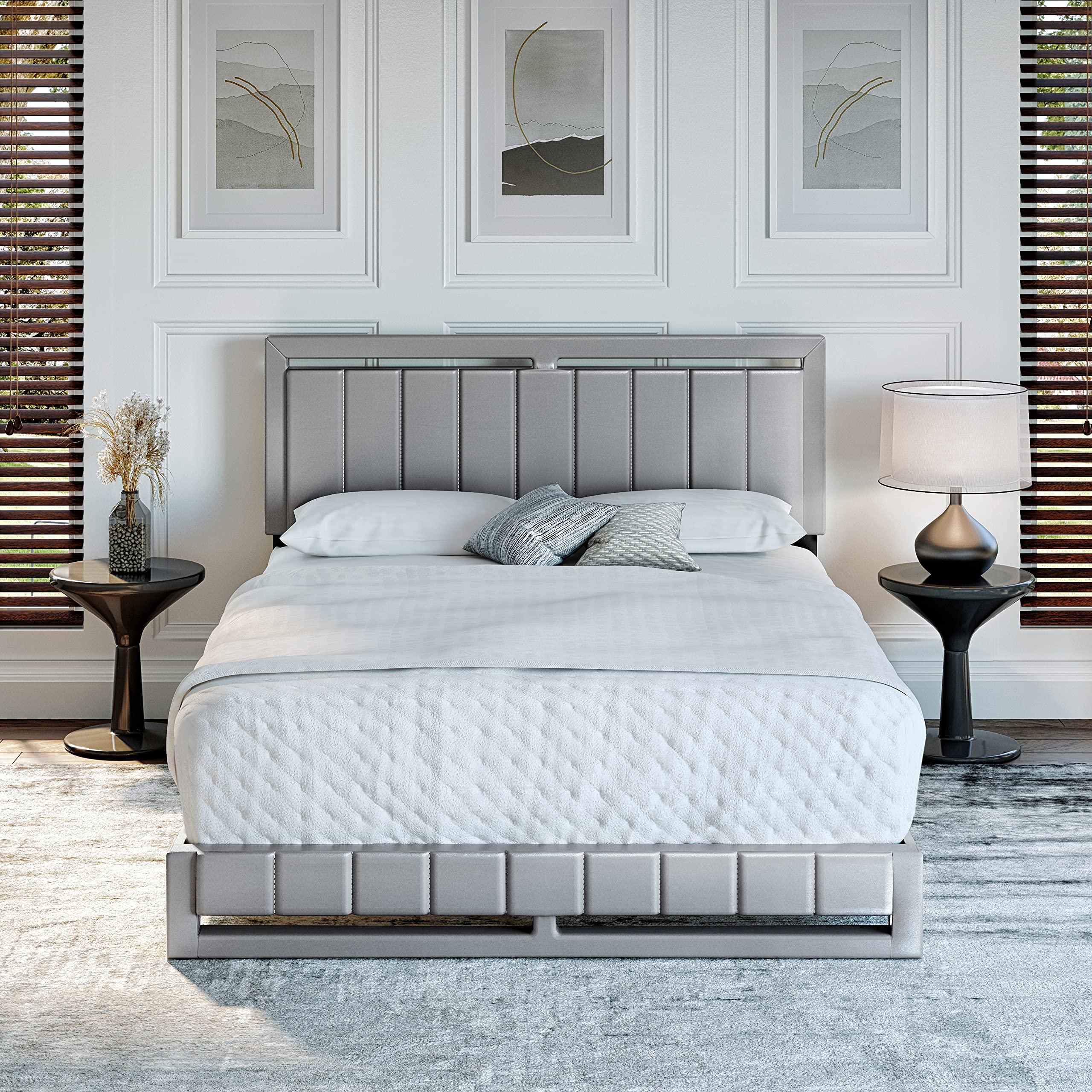 Boyd Sleep Beaumont Upholstered Platform Bed Frame with Headboard - No Box Spring Needed - Faux Leather Grey Full Size Bed for Master Bedroom & Guest Room