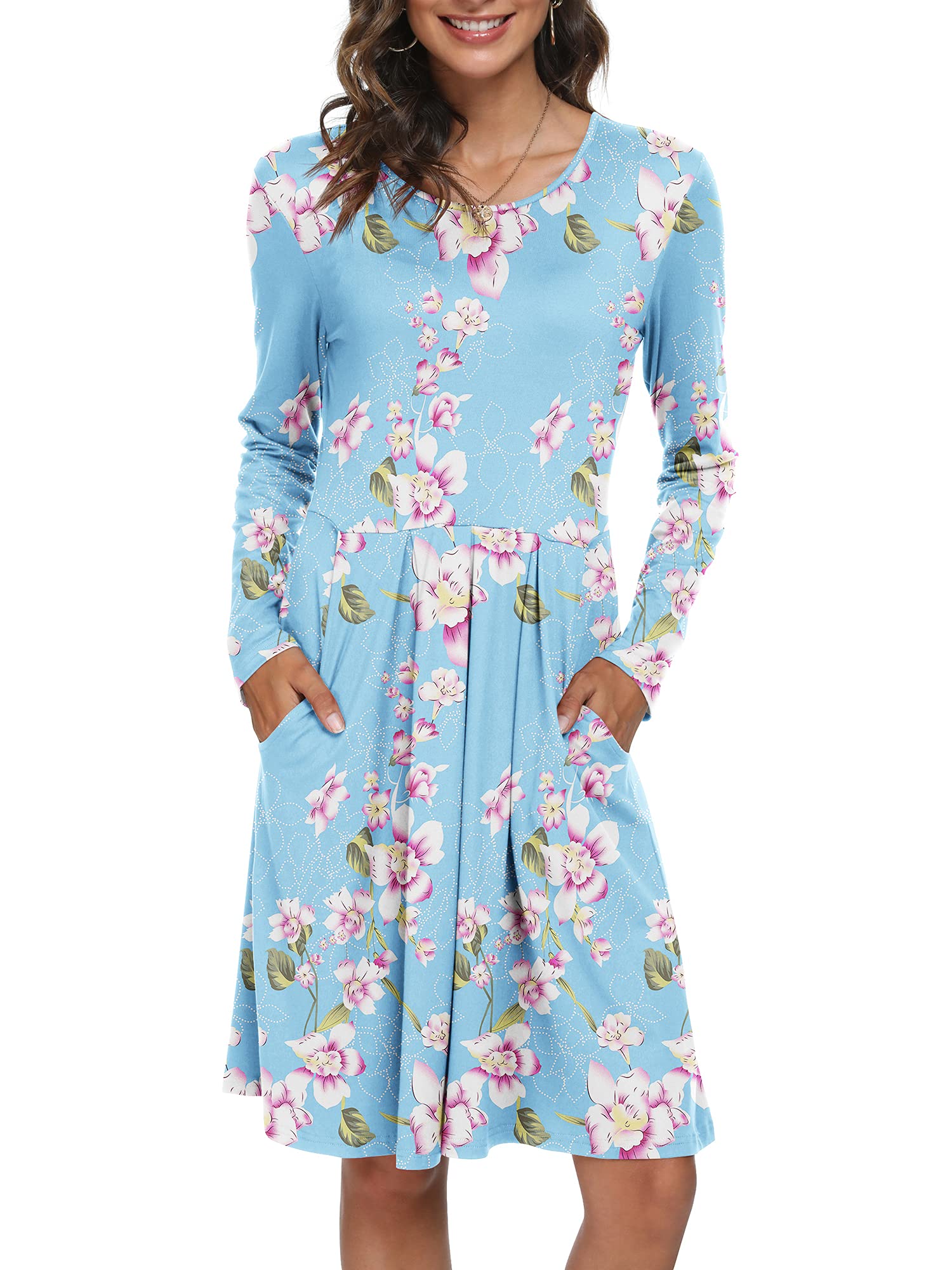 DouBCQ Women's Casual Long Sleeve Flowy Pleated Fall Dresses with Pockets - Elegant Office Wear & Autumn Date Outfit
