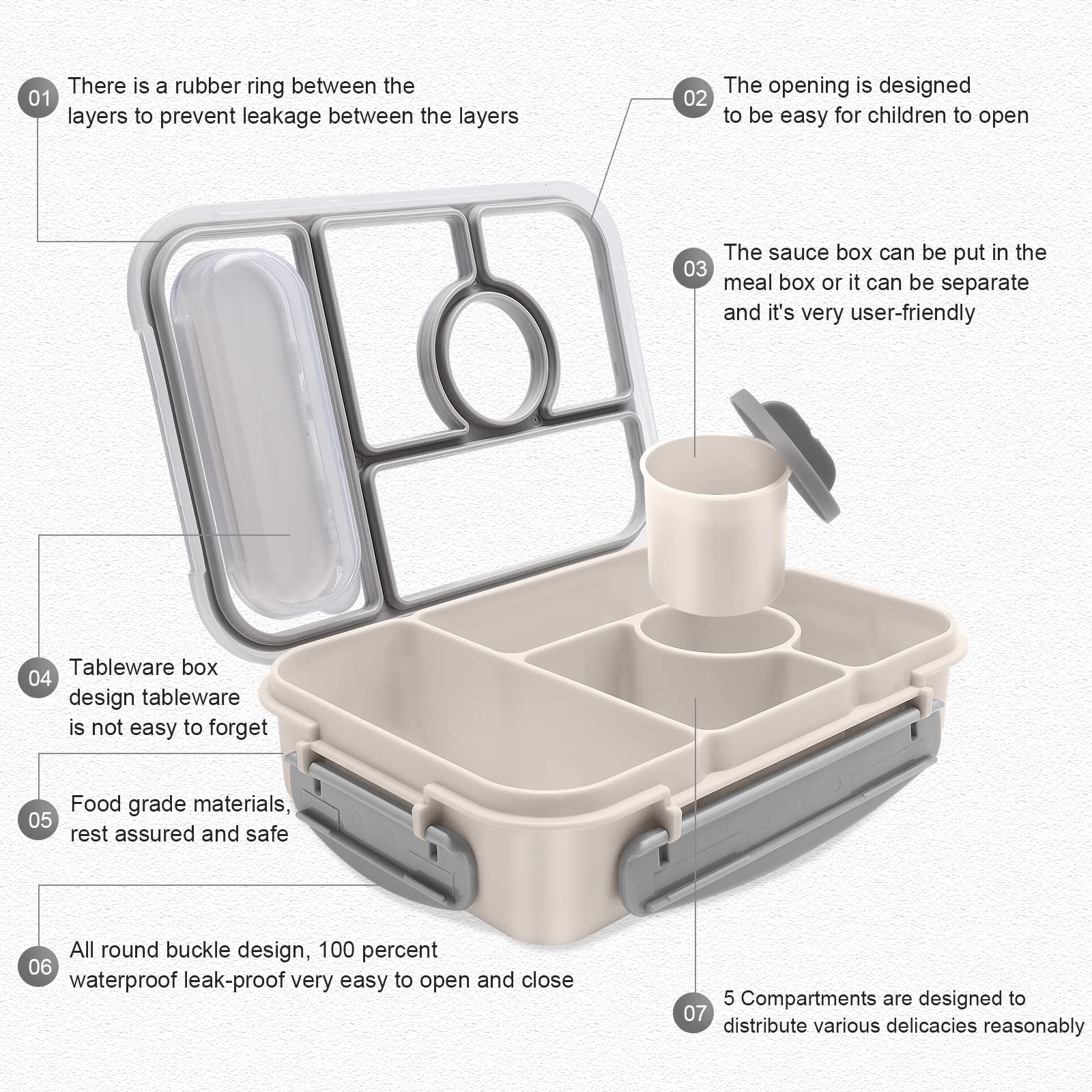 5 Compartment Bento Lunch Box for Adults & Kids - Microwave, Dishwasher & Freezer Safe with Sauce Containers | Perfect for School, Office & Picnic (White)