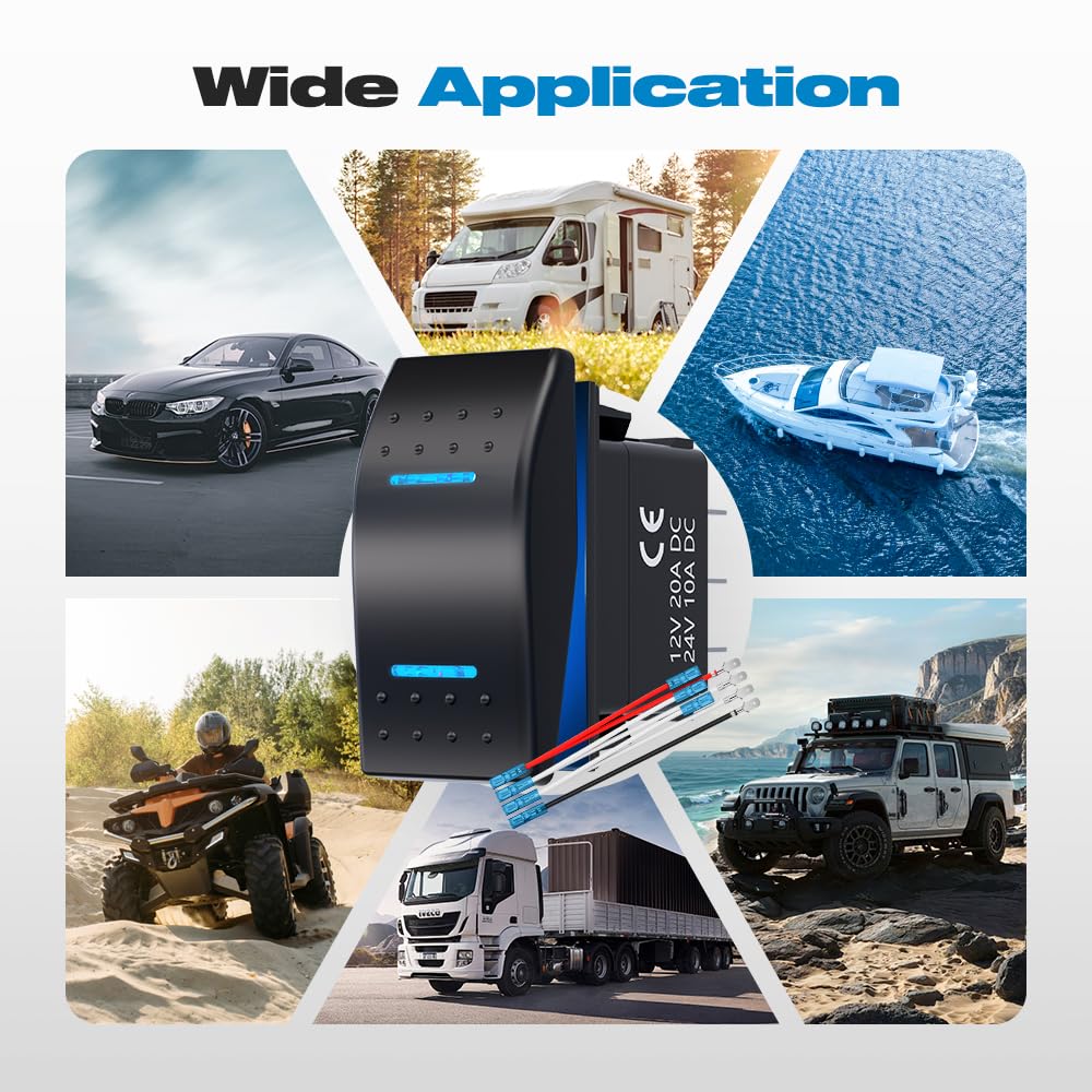 3 Position Rocker Switch, ON/Off/ON 12V 20A 24V10A Waterproof DPDT 7Pin Blue LED Light Switch with Jumper Wire for Cars, Trucks, RV, Boat, ATV, UTV - Perfect for Marine, Off-Road & Automotive Electrical Systems
