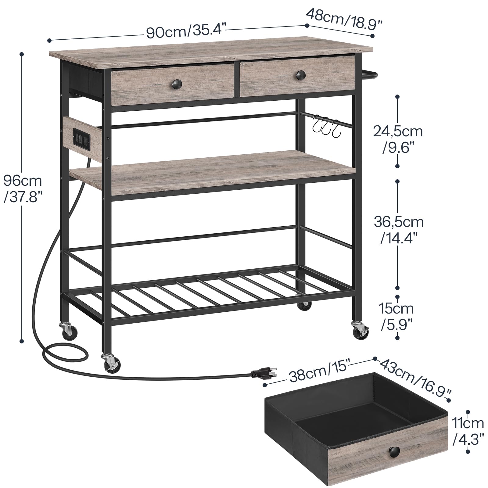 HOOBRO 3-Tier Kitchen Island Cart with Storage, 2 Drawers & Power Outlet - Mobile Coffee Station, Microwave Stand & Work Table for Small Spaces - Greige & Black (BG08UZD01) - Perfect for Apartments, Dorms & Compact Kitchens
