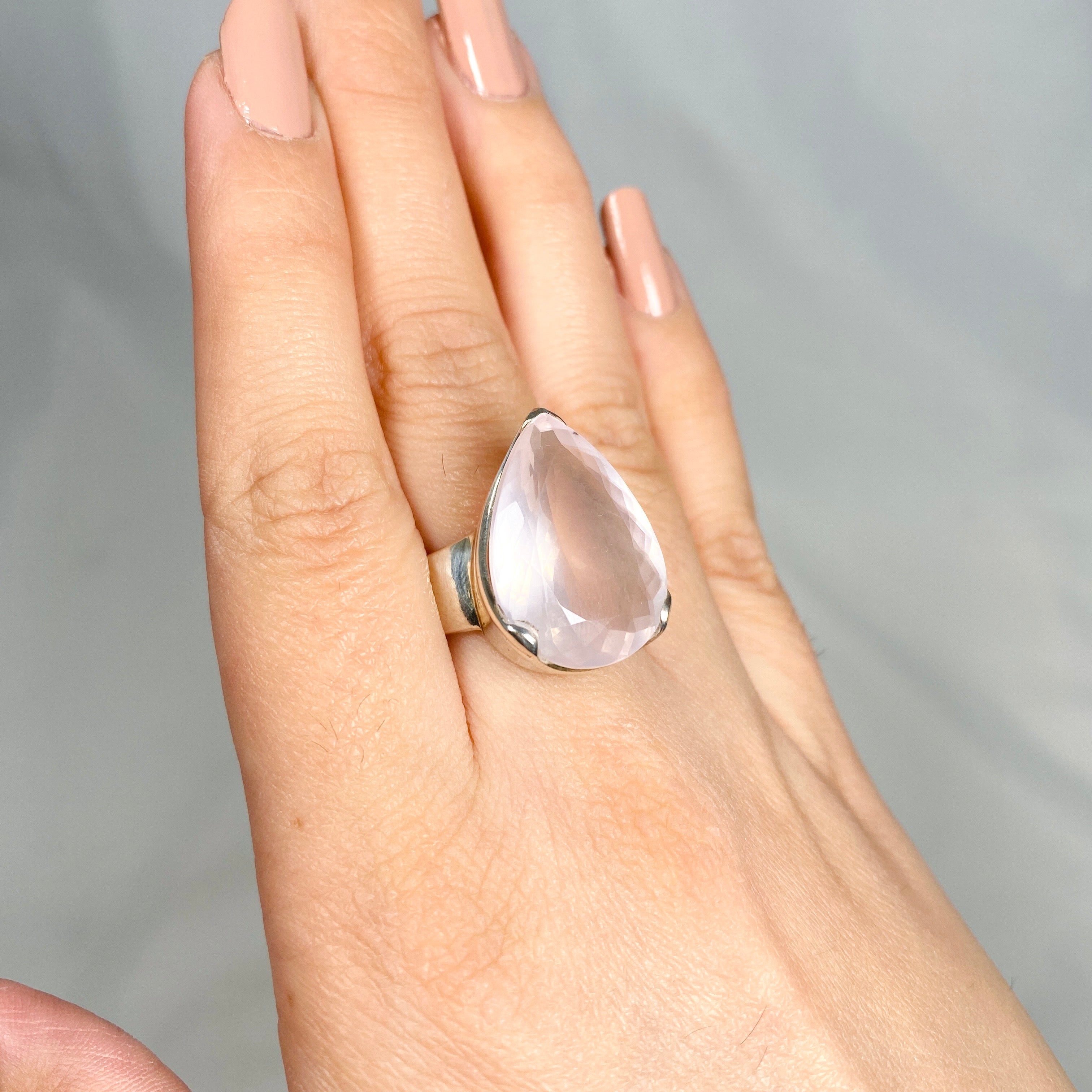 Rose Quartz Faceted Teardrop Ring - Size 9.5 - KRGJ1144 - Elegant Jewelry for Women, Perfect for Weddings, Parties & Everyday Wear