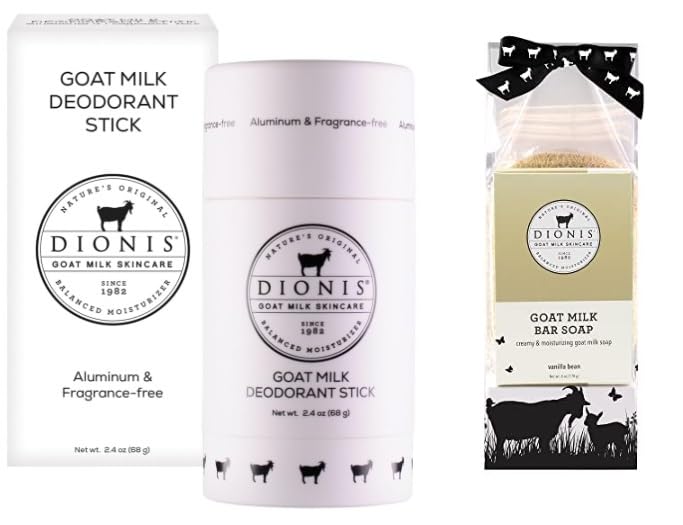 Dionis Goat Milk Skincare Deodorant Stick & Vanilla Bean Bar Soap - 3 Piece Travel Set for Shower, Bath & On-The-Go | Natural Moisturizing & Gentle Cleansing