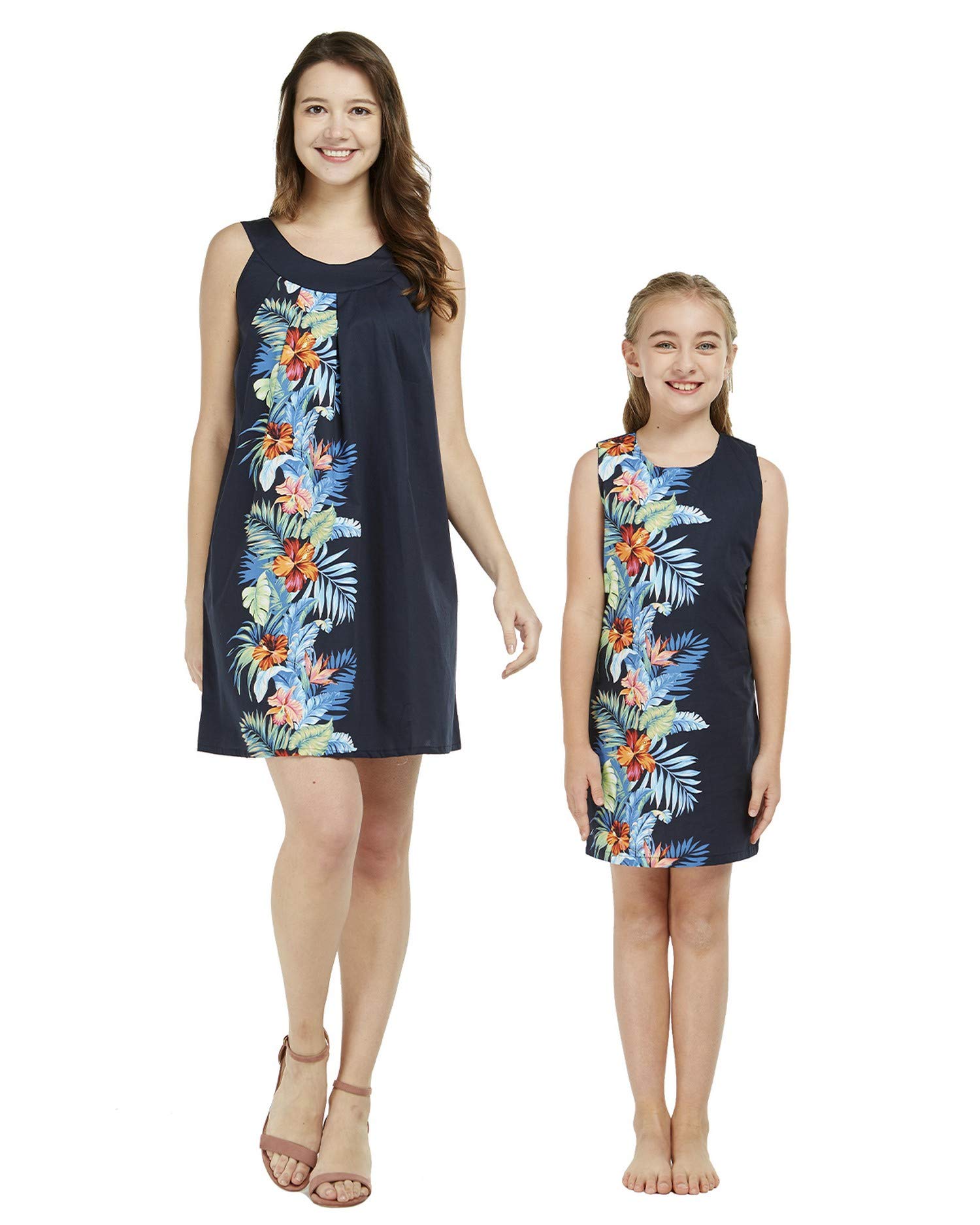 Hawaiian Luau Matching Mother Daughter Dresses - Floral Round Neck & Tank Top Outfits in Orchid Paradise for Beach Vacations, Family Photos & Summer Parties