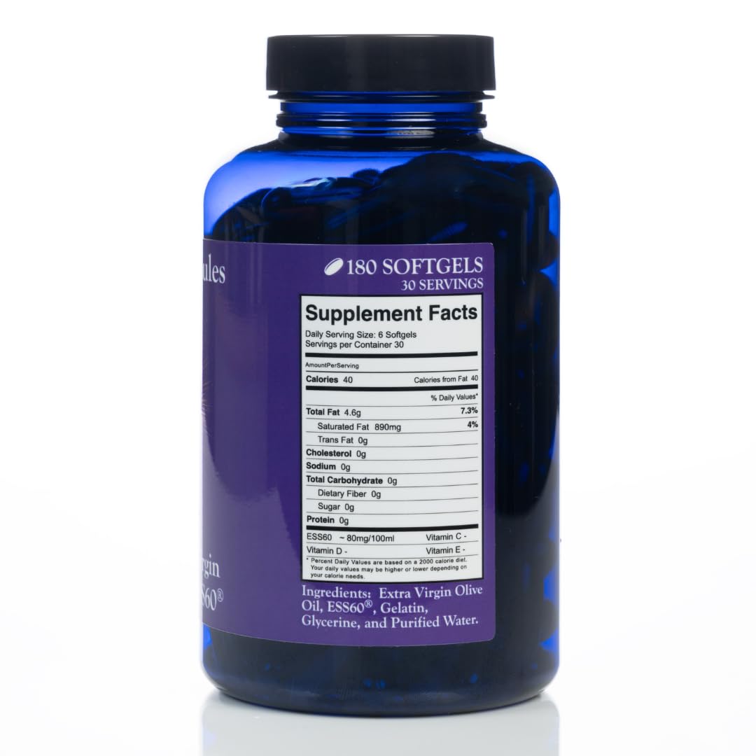 Pure ESS60 Extra Virgin Olive Oil Softgel Capsules - High Potency Antioxidant Supplement for Men & Women - 180 Count | Supports Heart Health, Immune System & Cellular Protection | Perfect for Daily Wellness Routine & Active Lifestyle