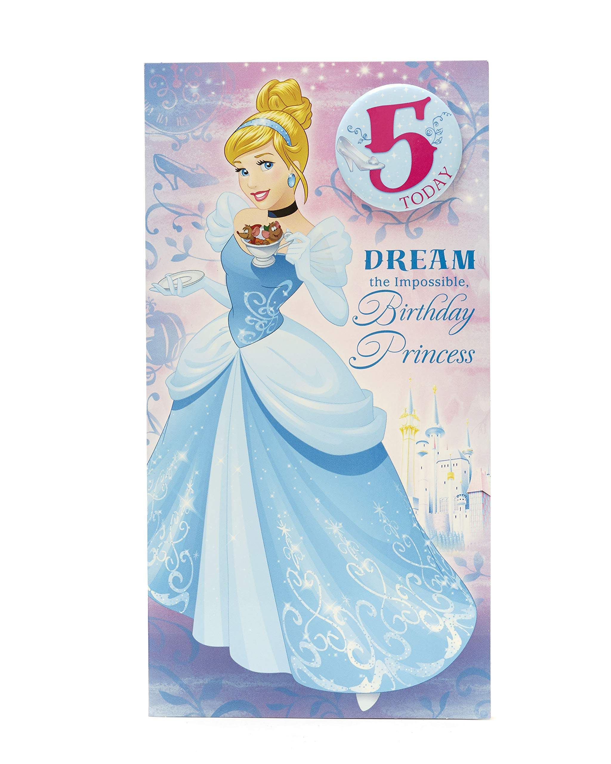 Princess Cinderella 5th Birthday Card with Badge - Disney Themed Greeting Card for 5 Year Old Girls - Perfect Gift for Birthday Parties, Celebrations & Special Moments