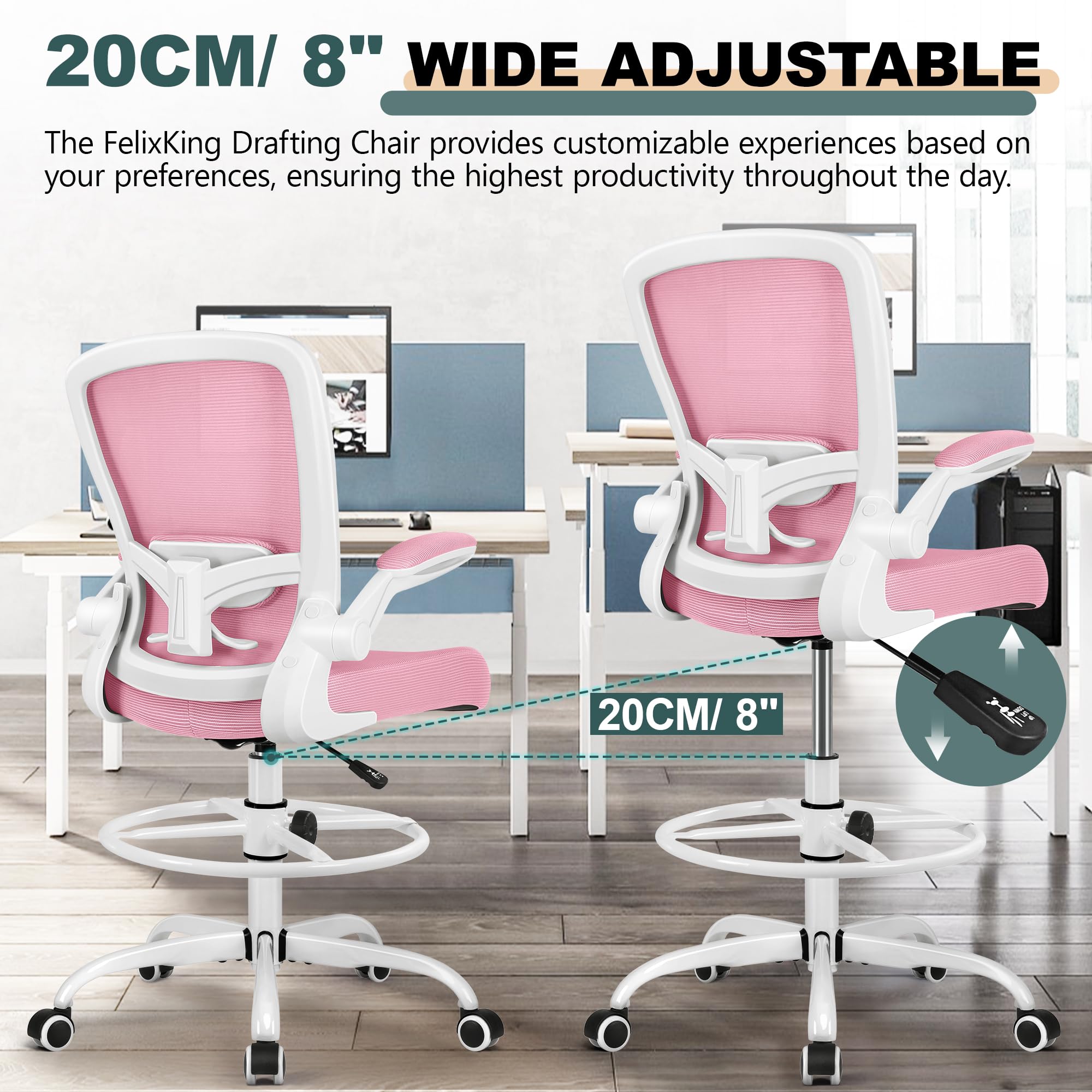 FelixKing Ergonomic Drafting Chair - Adjustable Height Office Chair with Breathable Mesh Back, Flip-Up Armrests & Lumbar Support - Comfortable High Back Executive Chair for Home Office, Computer Work & Architectural Drafting