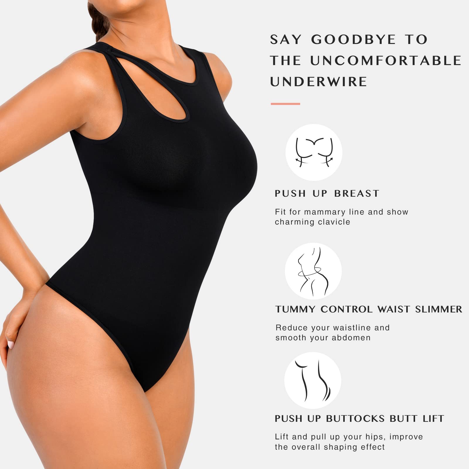 FeelinGirl Women's Tummy Control Bodysuit - Slimming Seamless Thong Body Shaper with Cut Out Design | Perfect for Shapewear, Layering Under Clothes, and Special Occasions