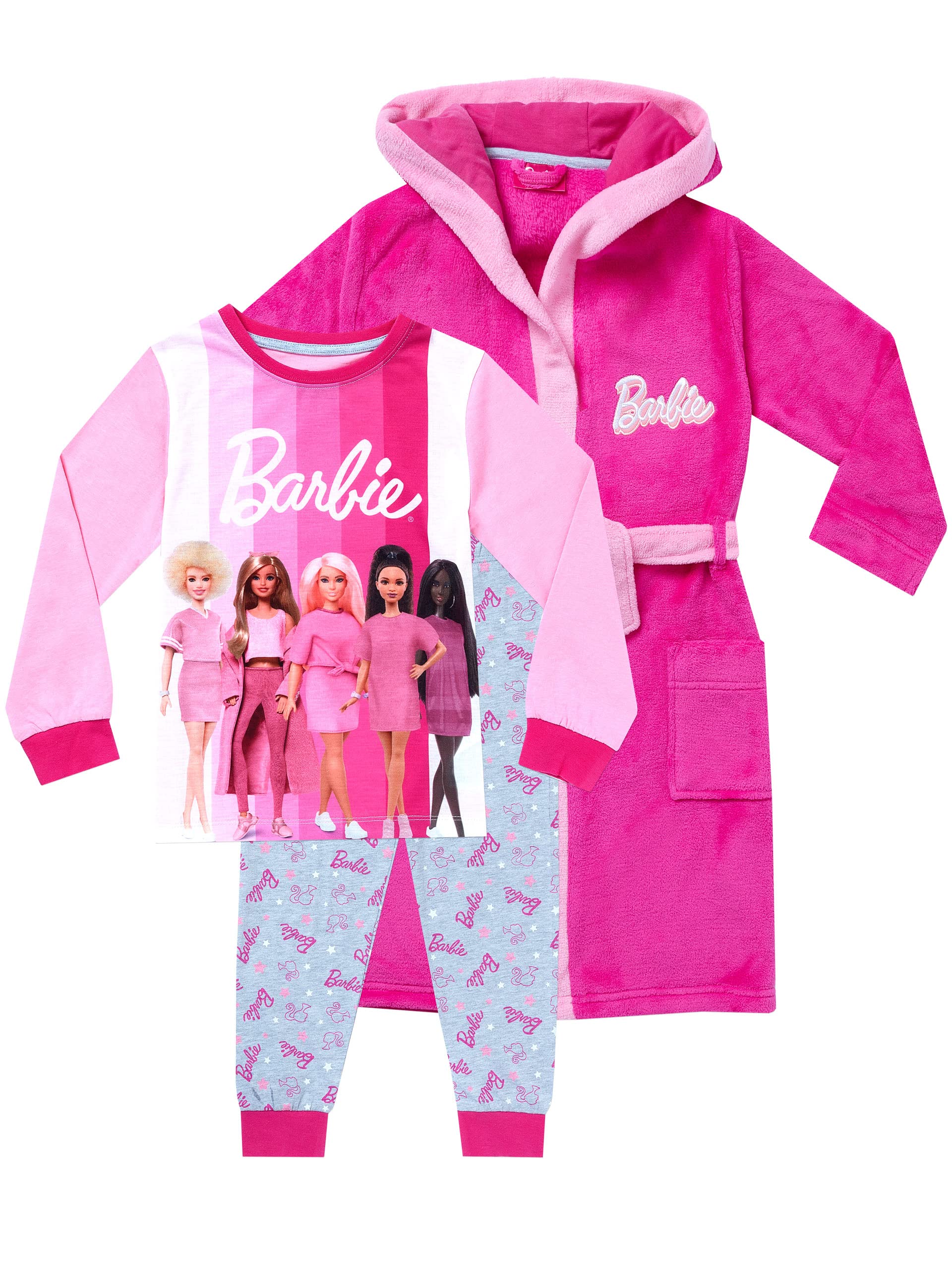 Barbie Girls Dressing Gown and Pajamas Set - Pink Fluffy Robe & Cute Sleepwear for Kids - Perfect for Sleepovers, Birthday Gifts & Cozy Bedtime