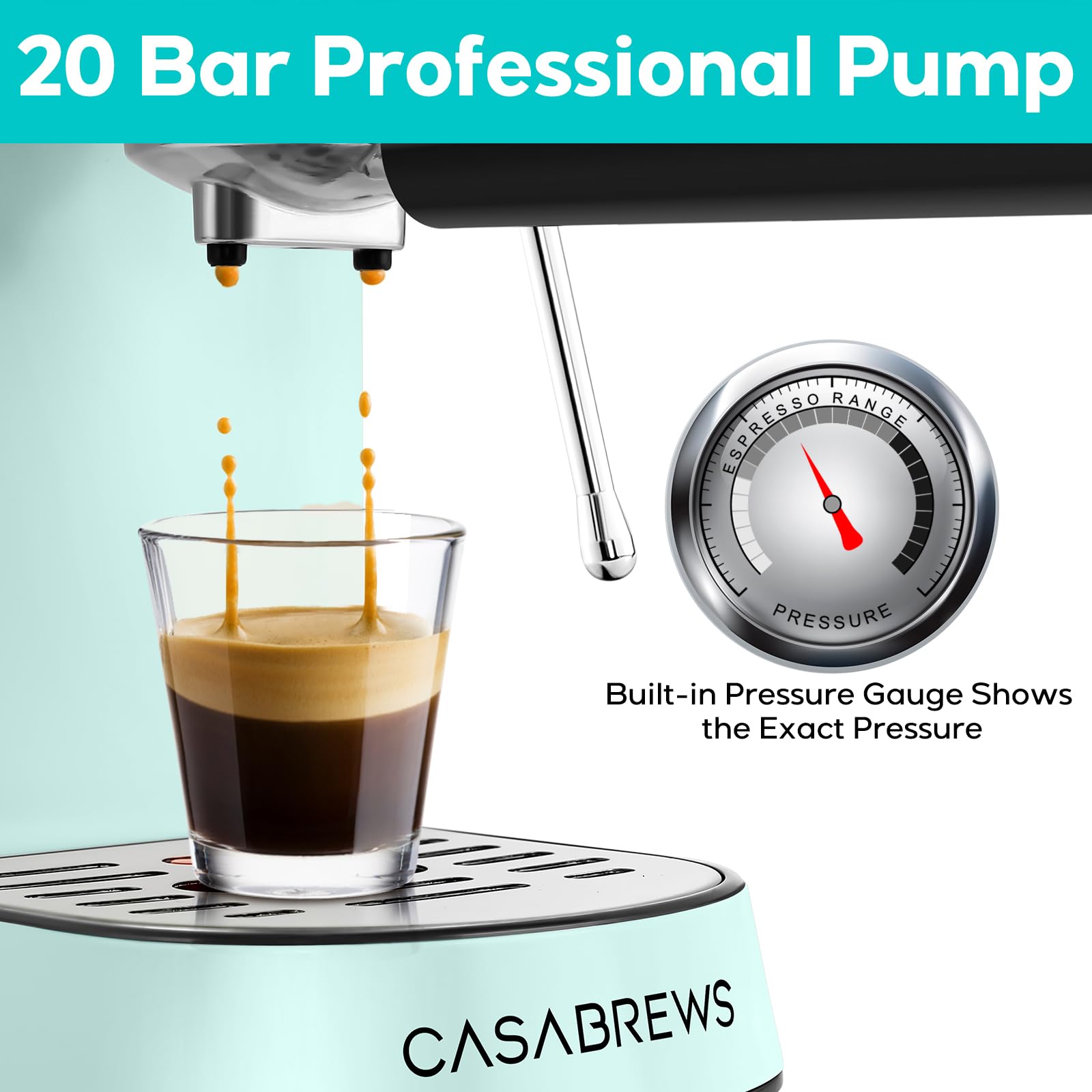 CASABREWS 20 Bar Espresso Machine with Milk Frother - Stainless Steel Home Coffee Maker, 34oz Removable Water Tank, Pastel Green - Perfect for Lattes, Cappuccinos & Home Baristas
