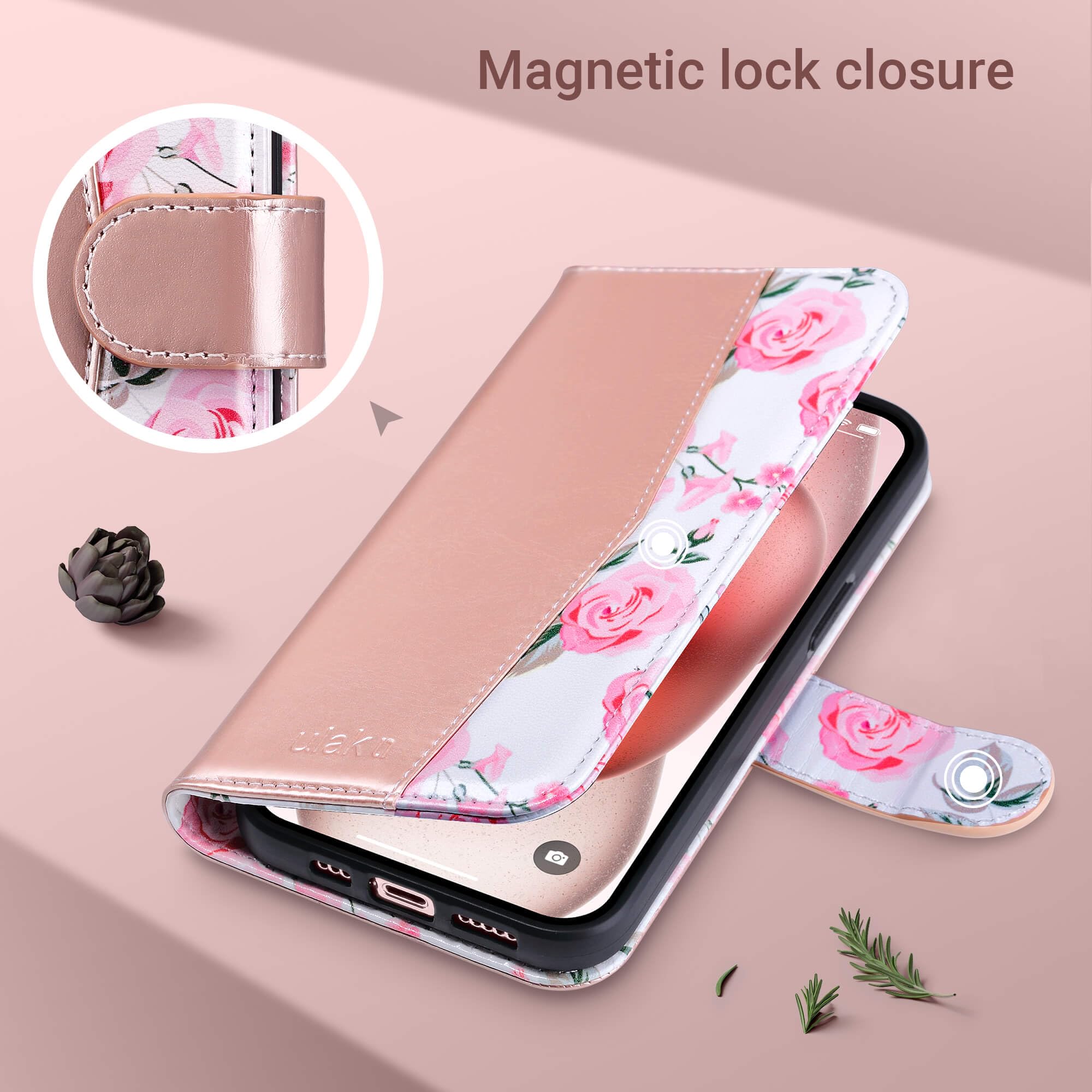 ULAK iPhone 15 Wallet Case for Women - Premium PU Leather Floral Flip Cover with Card Holder & Kickstand | Protective Purse Phone Case for iPhone 15 (6.1 Inch, 2023) | Perfect for Everyday Use, Travel & Shopping (Rose Gold)