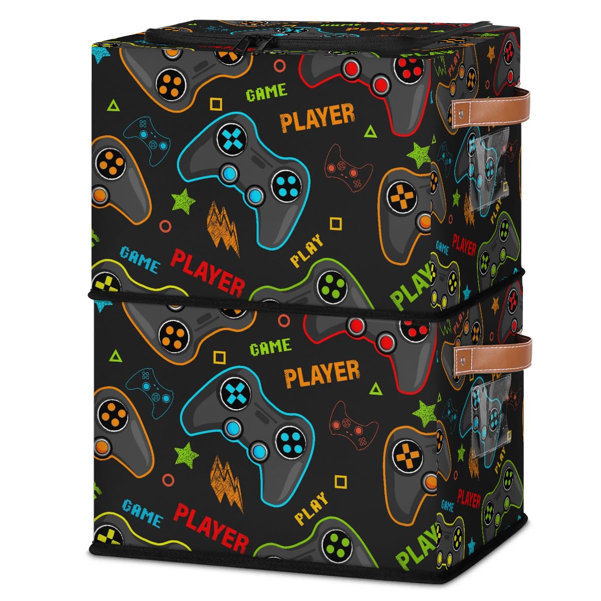 Game Themed Fabric Storage Bins with Zipper Lid - 2 Pack Stackable Cube Organizer Baskets for Clothes, Toys & Video Game Accessories - Steel Frame Design for Closet, Shelf & Bedroom Storage