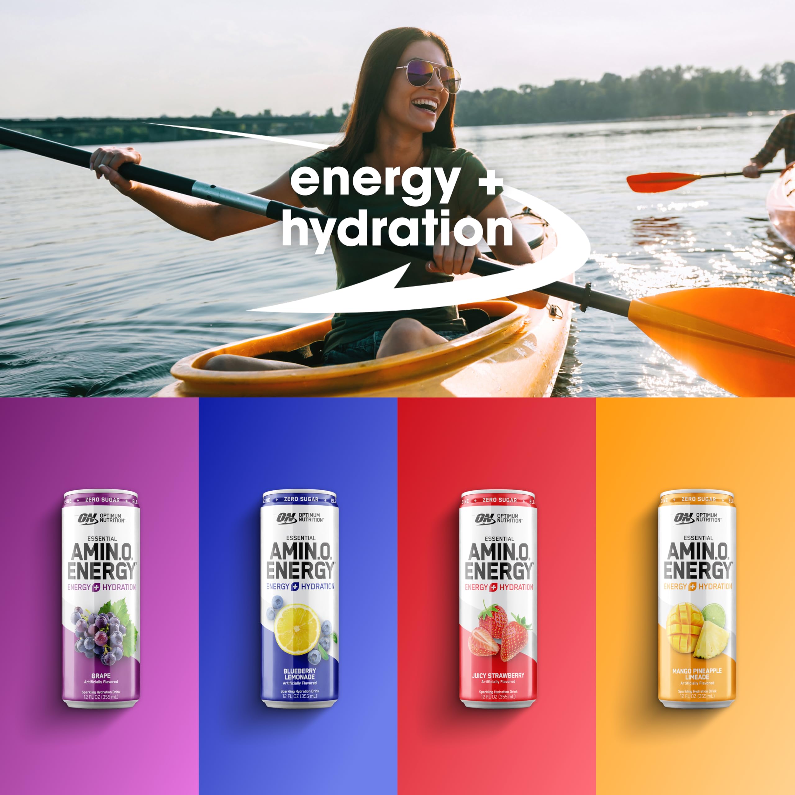 Optimum Nutrition Amino Energy Sparkling Hydration Drink with Electrolytes & Caffeine - Sugar Free BCAA Amino Acid Supplement - 12 Fl Oz Variety Pack of 12 Cans - Perfect for Workout Recovery, Energy Boost & Post-Exercise Hydration
