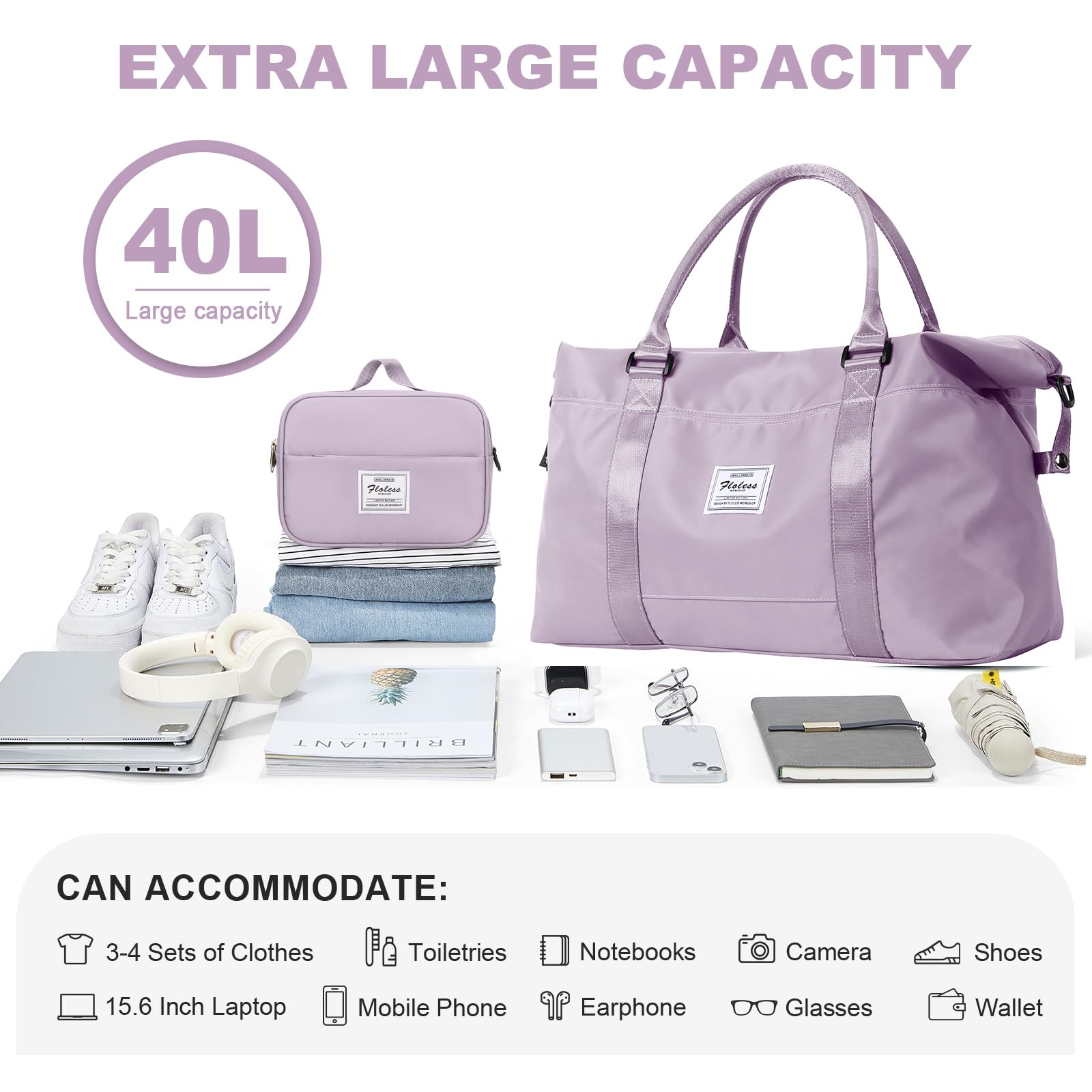 Light Purple Extra Large Travel Duffel Bag with Toiletry Bag - Women's Weekender Overnight Carry-on Gym Bag with Wet Pocket - Perfect for Travel, Gym, and Weekend Getaways