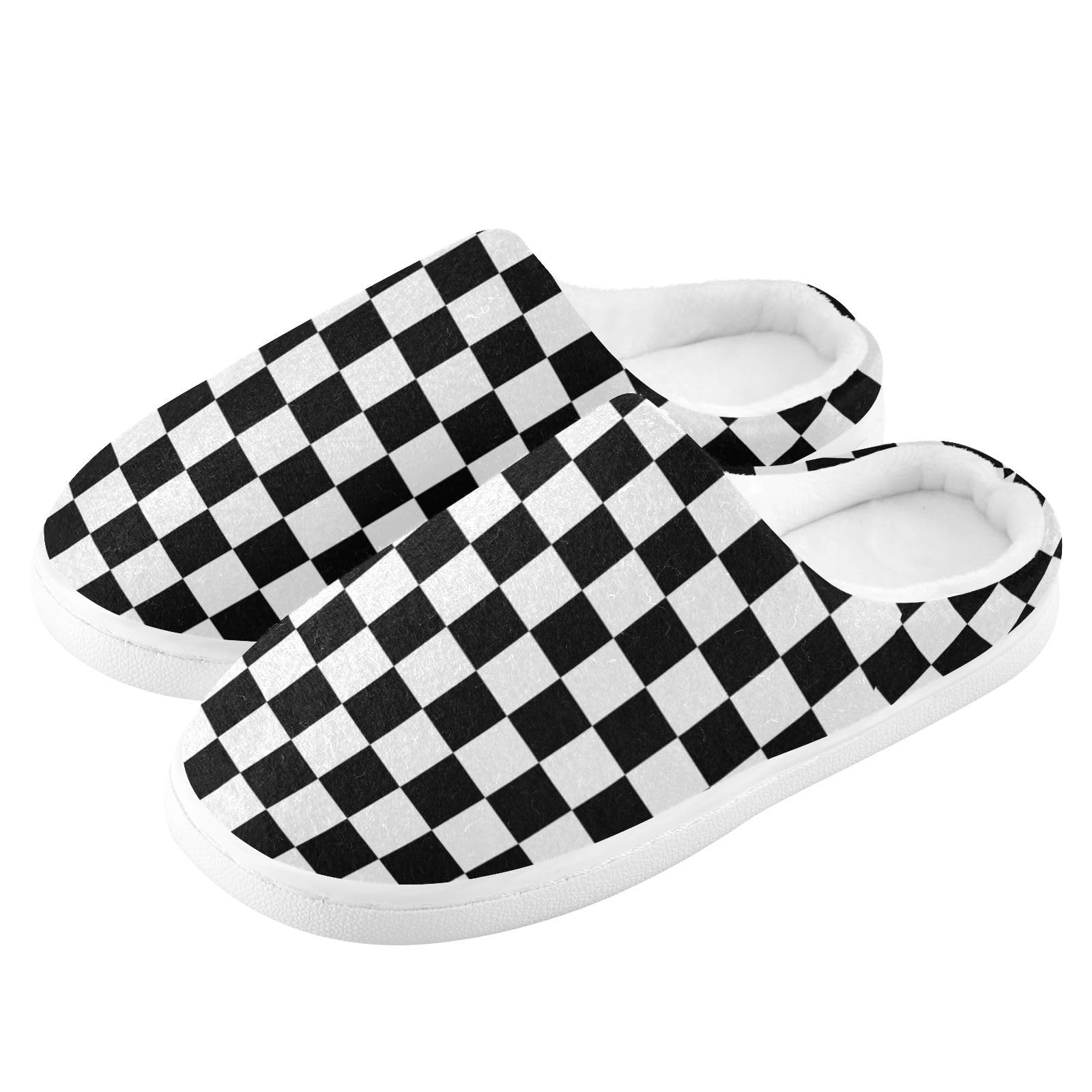 Women's & Men's Cozy Memory Foam House Slippers - Black White Checkerboard Fuzzy Winter Indoor/Outdoor Shoes for Home, Bedroom & Lounge Wear