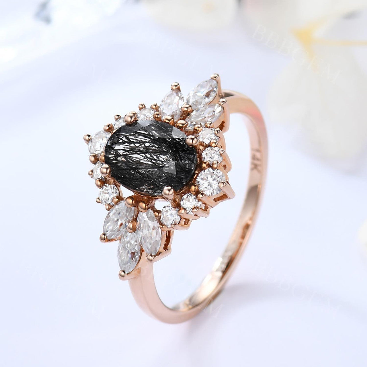 Oval Cut Black Rutilated Quartz Engagement Ring with Marquise Moissanite Halo - Elegant Wedding Band for Proposals, Anniversaries & Special Occasions