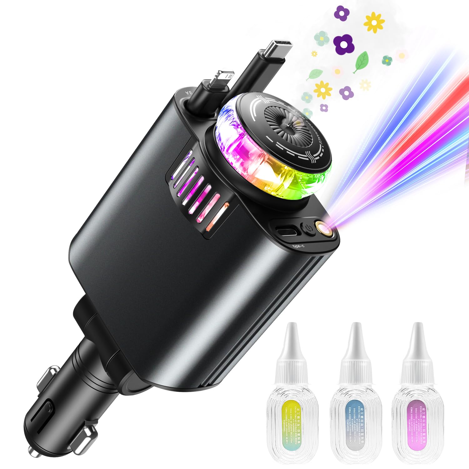 Fast Charging Retractable Car Charger with USB-C & Starlight Essential Oil Diffuser - Compatible with iPhone 16/16 Pro Max/15/14/13/12/11, Galaxy S25/S24/S23 Ultra, Pixel - Perfect for Road Trips & Aromatherapy While Driving