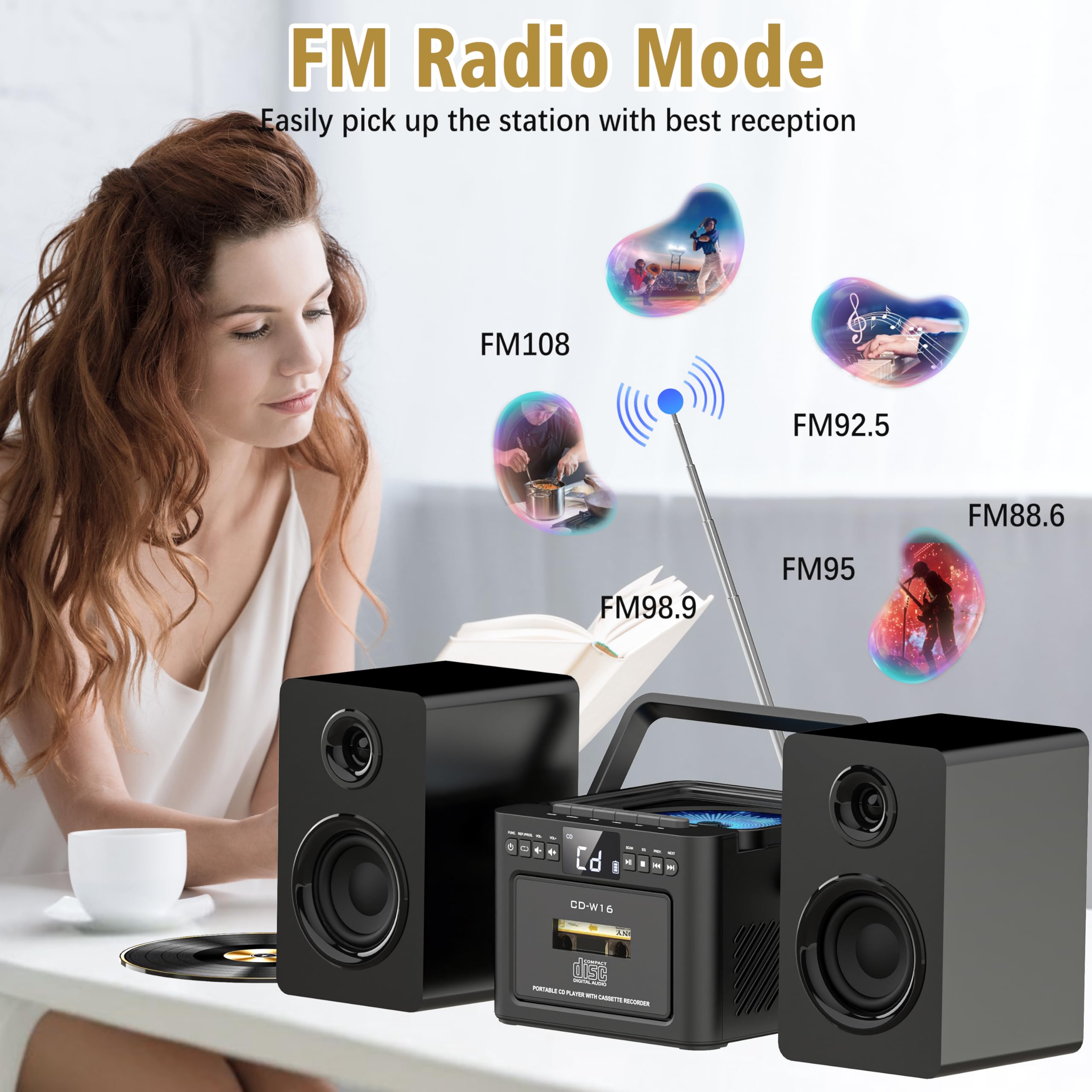Bluetooth 5.1 Bookshelf Stereo System with Cassette & CD Player - 40W Powerful Speakers, FM Radio, Tape Recording, LCD Display, USB/AUX, Remote Control - Perfect for Home, Office & Retro Music Lovers