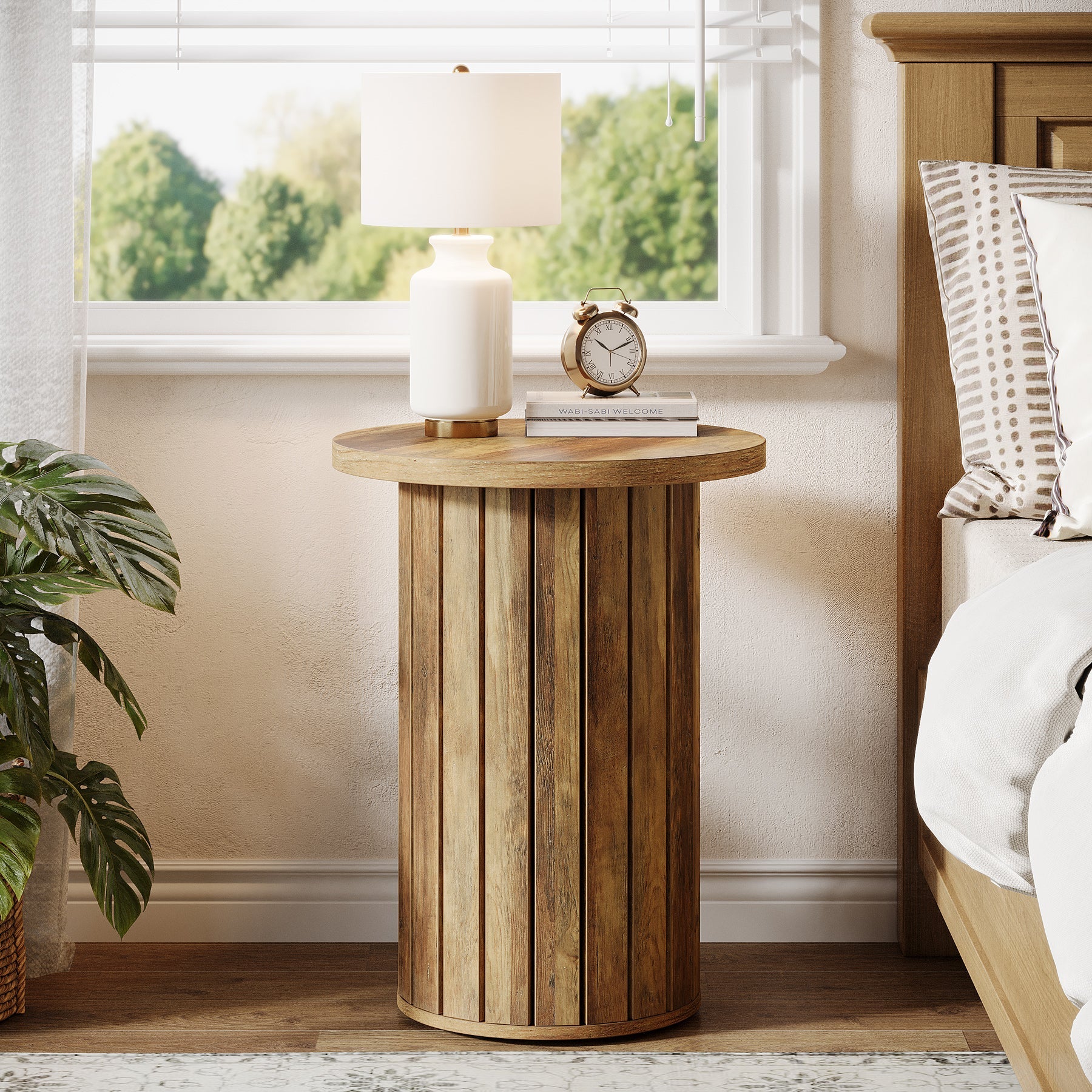 Round Wooden End Table with Pedestal Base - Small Side Table for Couch, Living Room, Bedroom - Perfect for Coffee, Books & Decor