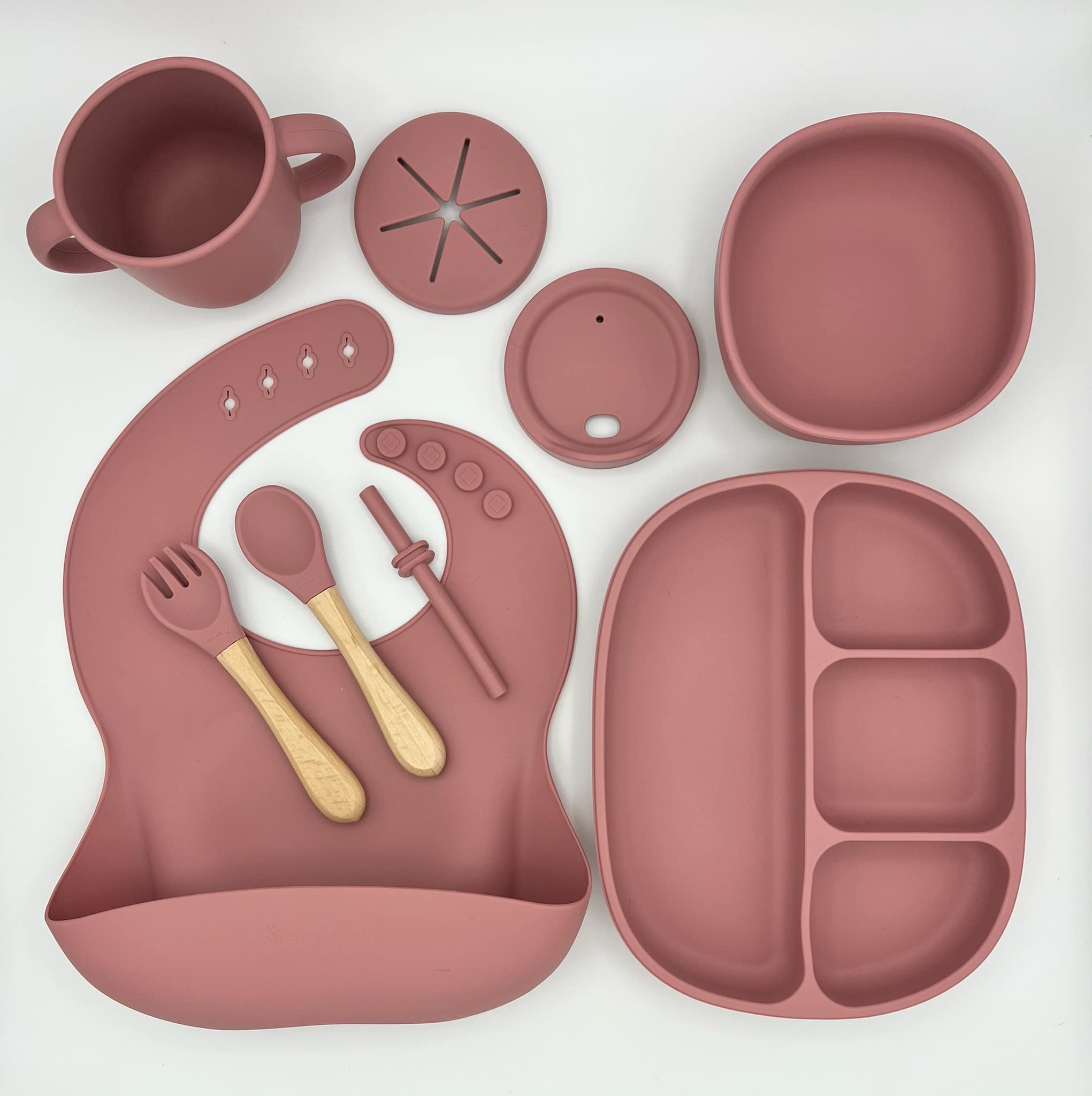Non-Toxic Silicone Baby Feeding Set of 6 - BPA-Free Suction Plate, Bowl, Bib, Snack Cup, Drinking Cup with Wooden Spoon & Fork - Perfect Toddler Utensils for Boys & Girls (Dark Pink) - Ideal for Home, Travel & Daycare Mealtime